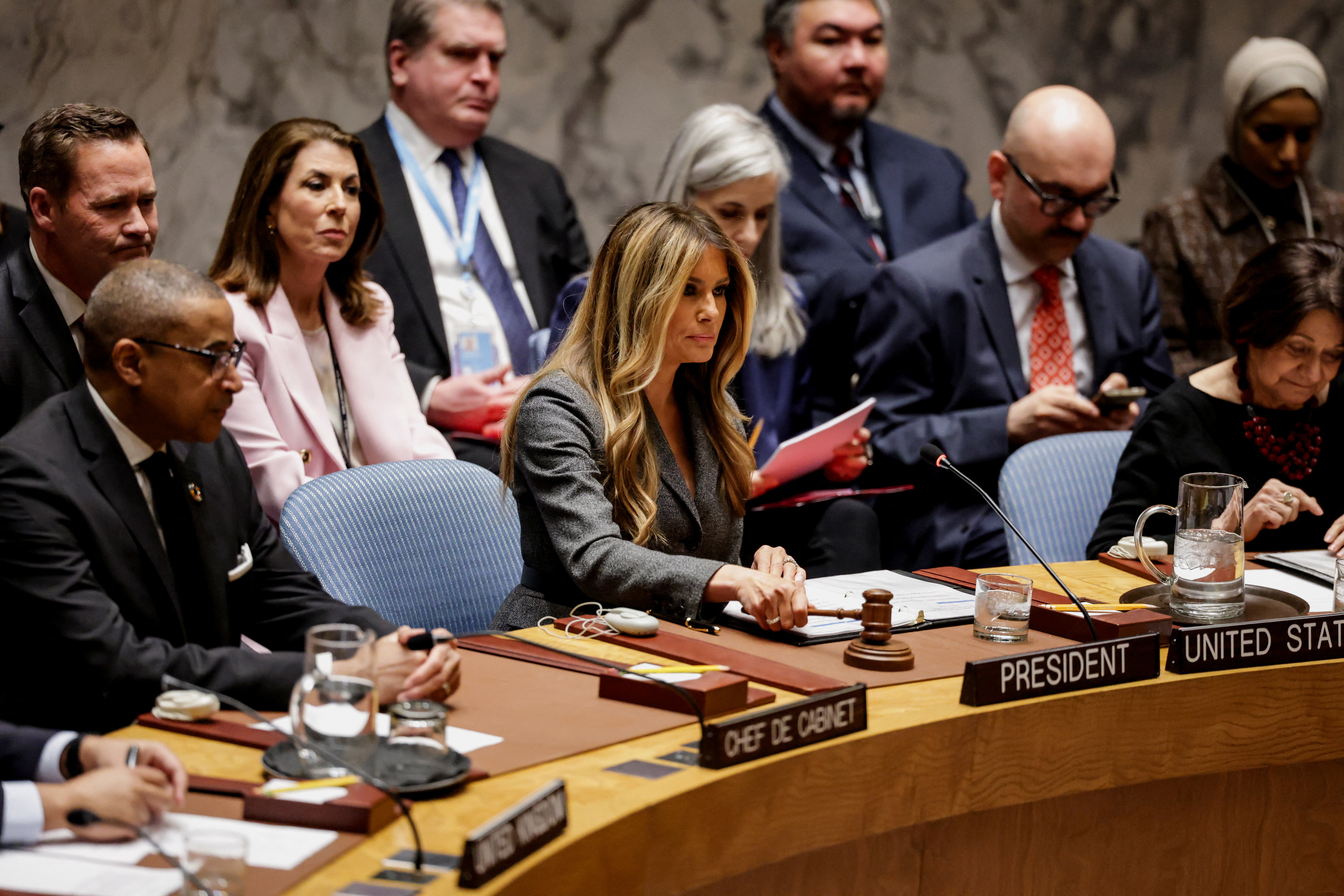U.S. first lady Melania Trump strikes the gavel as she presides over a United Nations Security Council meeting, at U.N. headquarters in New York City, U.S. March 2, 2026. REUTERS/Jeenah Moon