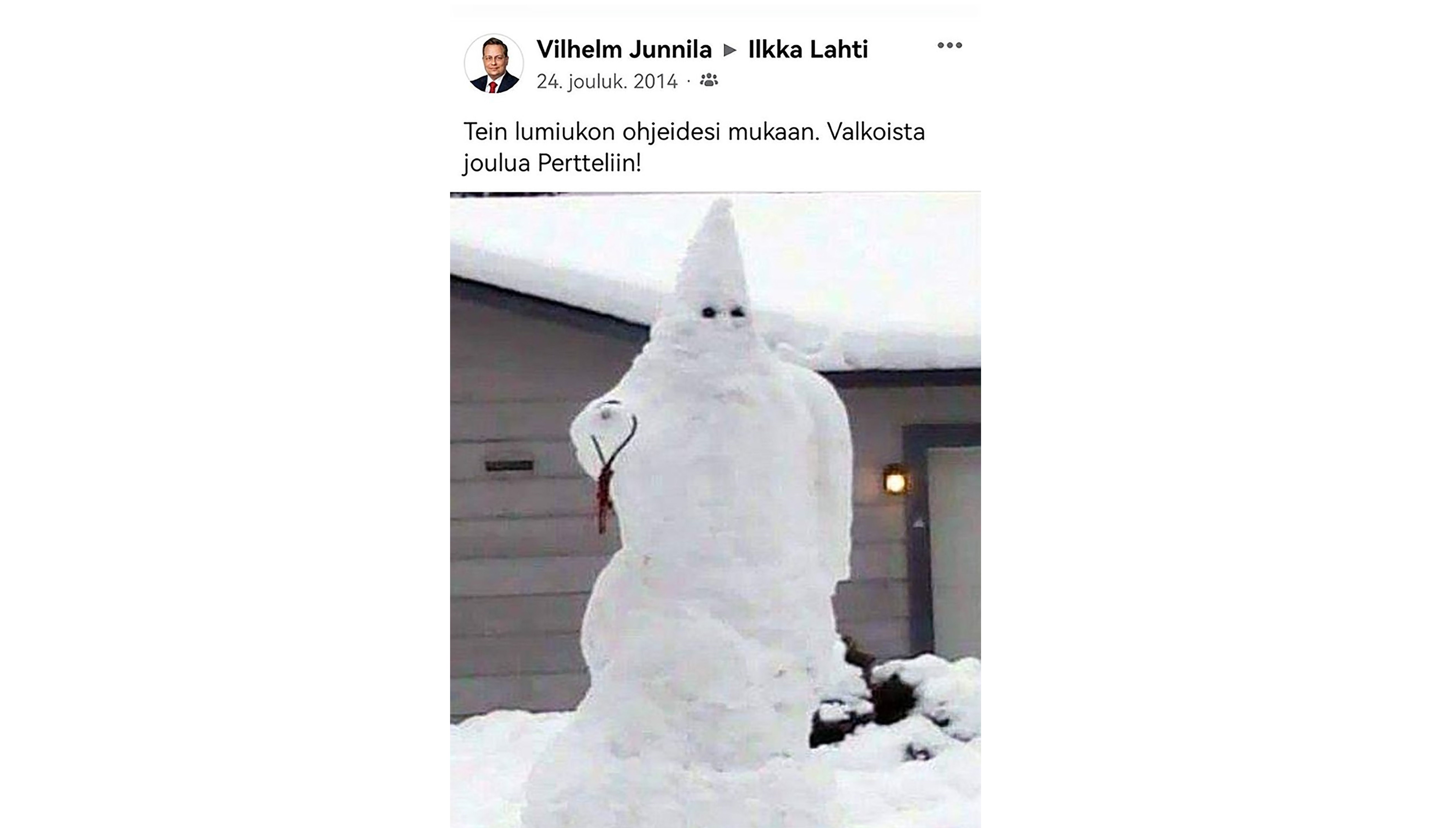 A imagem do boneco de neve, compartilhada por Junnila nas redes sociais.