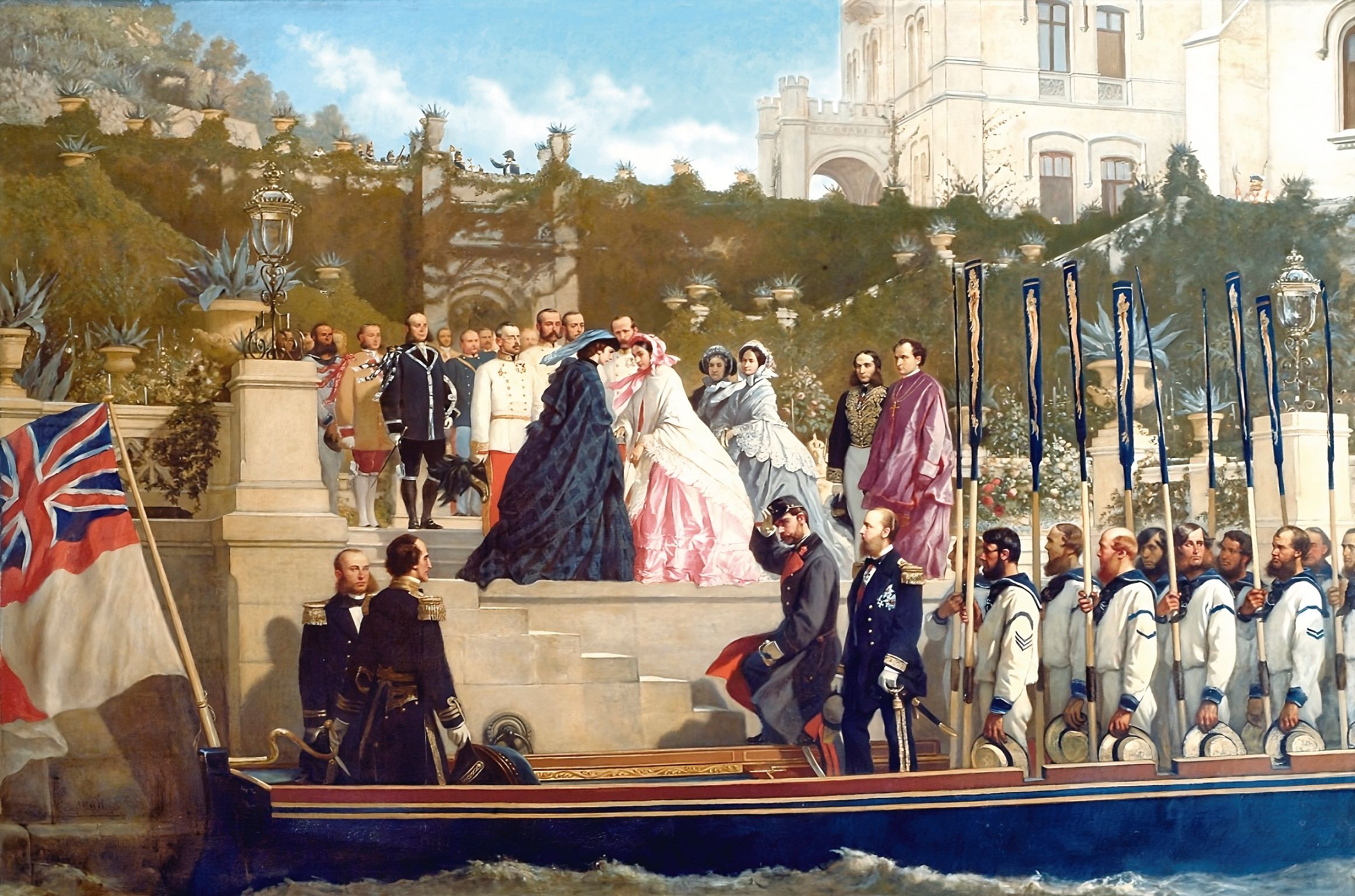 Visita de Francisco José I y Sissi a Miramar, el castillo de Maximiliano y Carlota en Trieste. Cuadro de 1865 de Cesare Dell'Acqua.