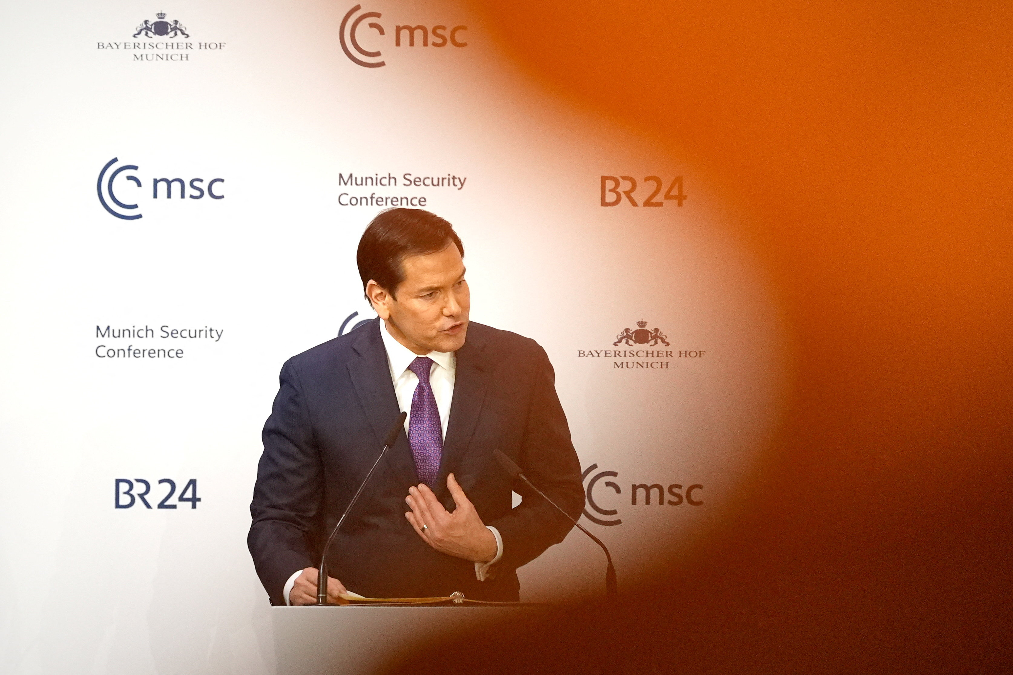 U.S. Secretary of State Marco Rubio speaks at the Munich Security Conference in Munich, Germany, Saturday, Feb. 14, 2026.     Alex Brandon/Pool via REUTERS