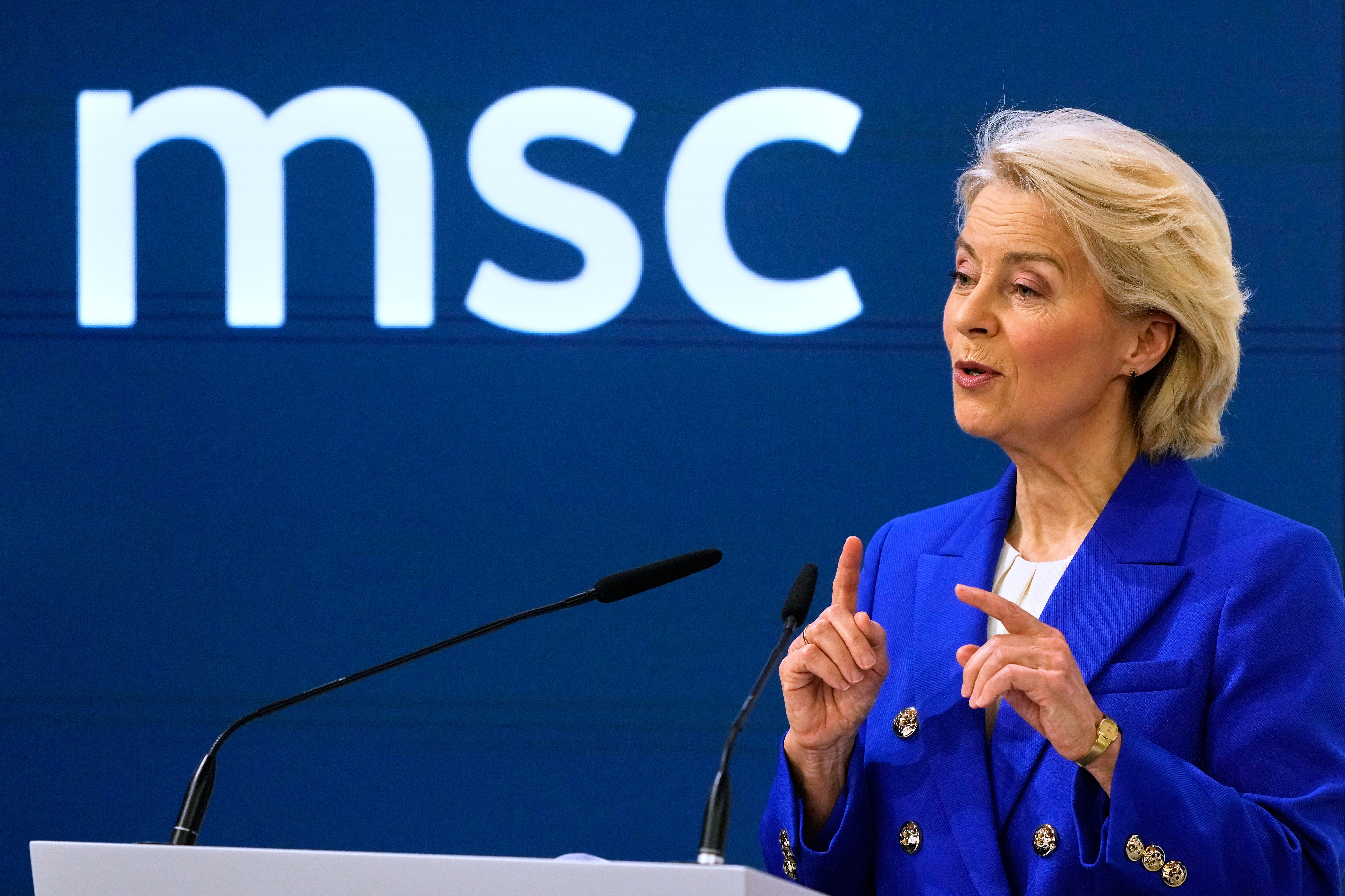 European Commission President Ursula von der Leyen speaks during the Munich Security Conference in Munich, Germany, Saturday, Feb. 14, 2026. (AP Photo/Michael Probst)