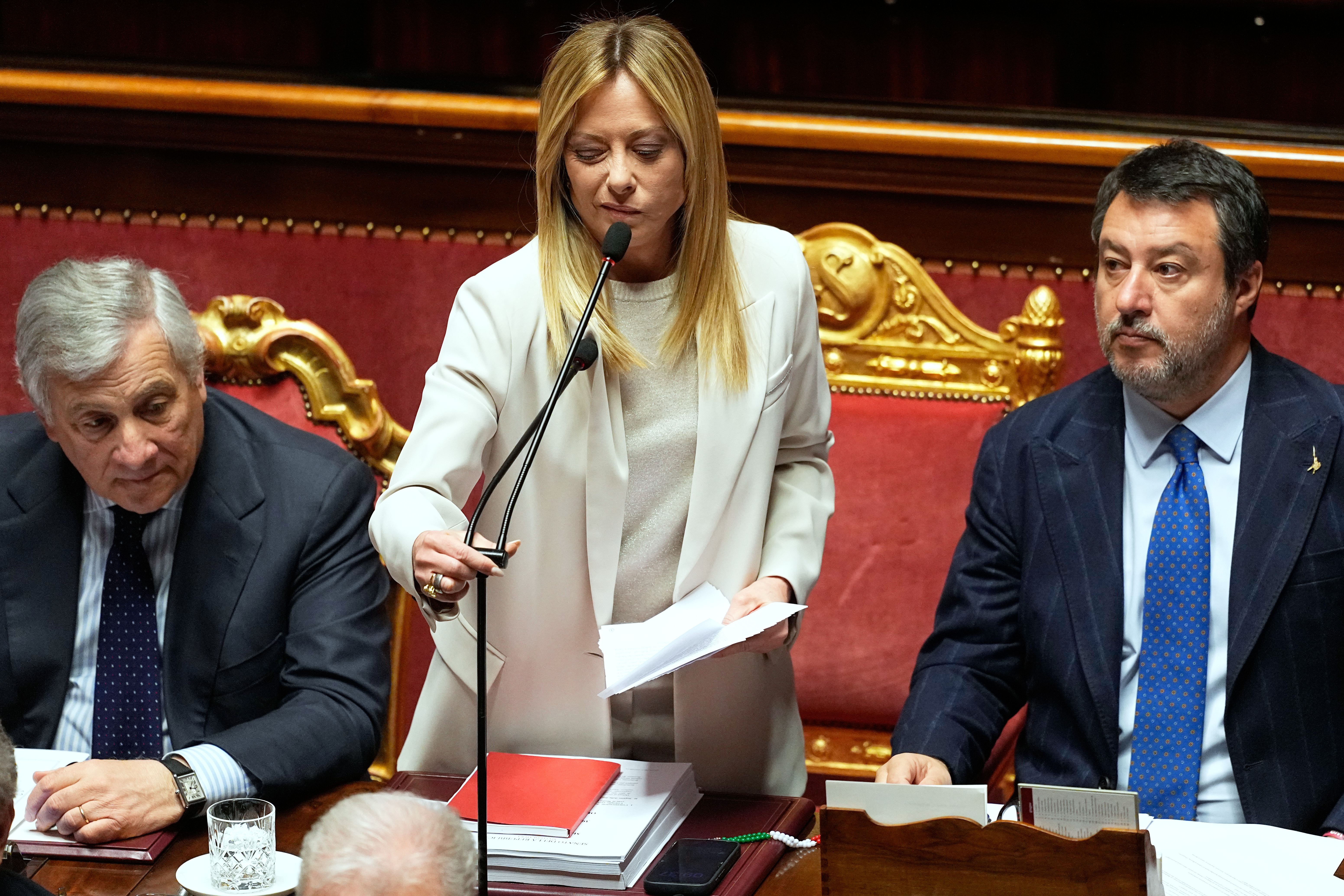 La primera ministra de Italia, Giorgia Meloni, este miércoles durante su intervención en el Senado.