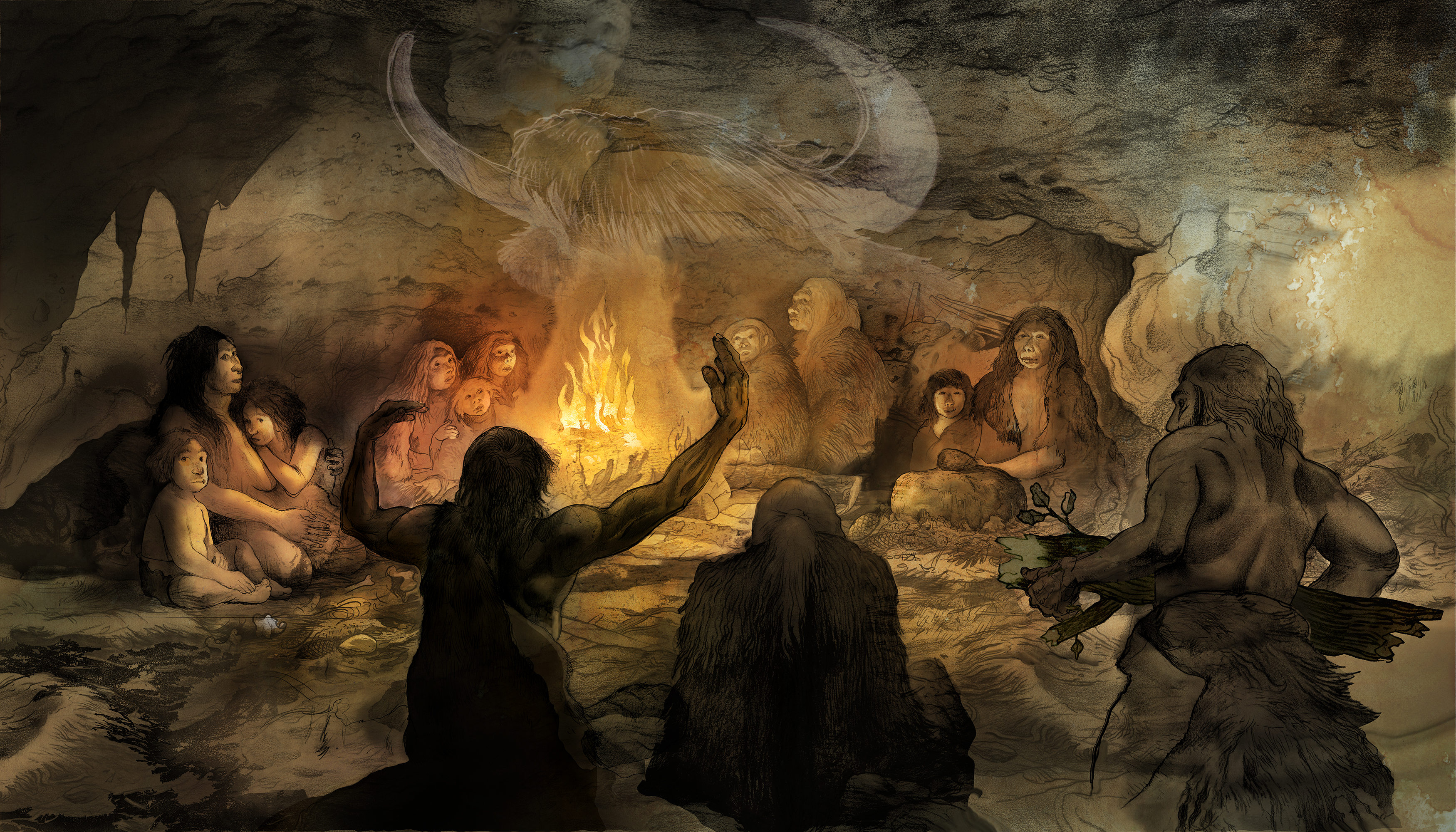 Ilustración que representa un posible ritual neandertal, proporcionada por el Museo de la Evolución Humana.