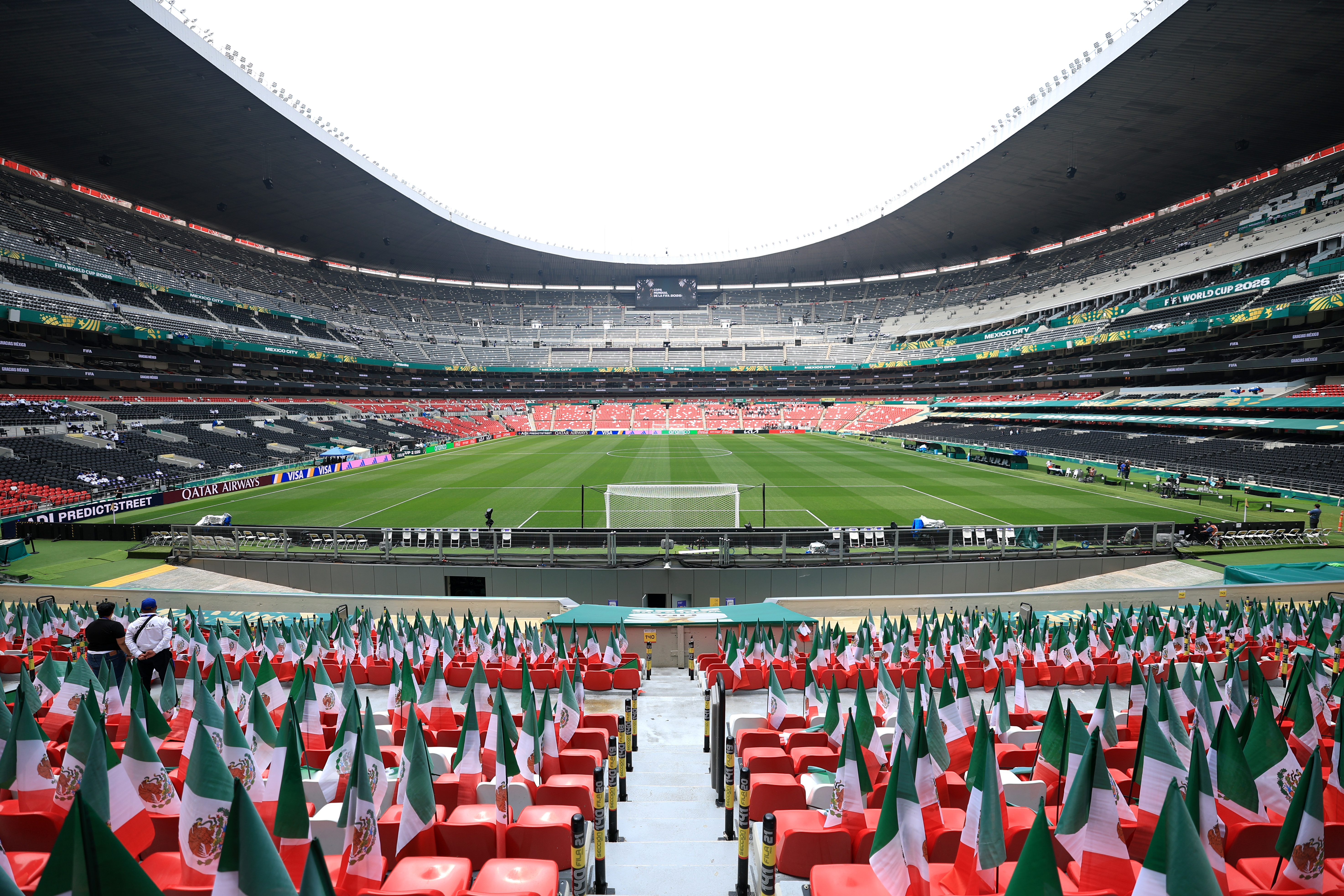 MEXICO CITY, MEXICO - JULY 05: Mexican flags are seen in the stands before the FIFA World Cup 2026 Round of 16 match between Mexico and England at Mexico City Stadium on July 05, 2026 in Mexico City, Mexico. (Photo by Ezra Shaw - FIFA/FIFA via Getty Images)