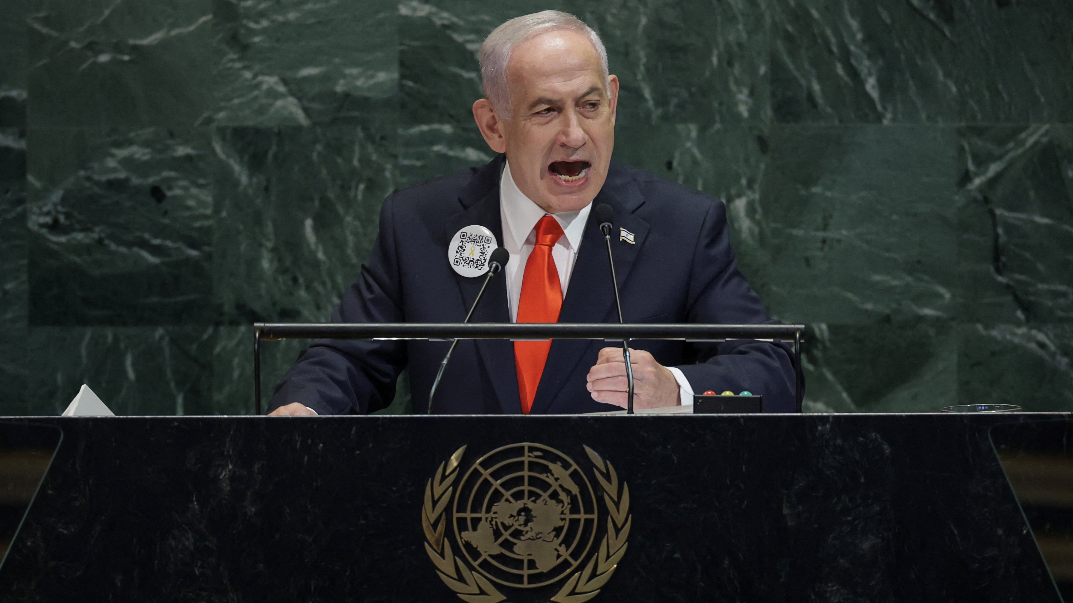 Israeli Prime Minister Benjamin Netanyahu addresses the 80th United Nations General Assembly (UNGA) at U.N. headquarters in New York City, U.S., September 26, 2025. REUTERS/Jeenah Moon