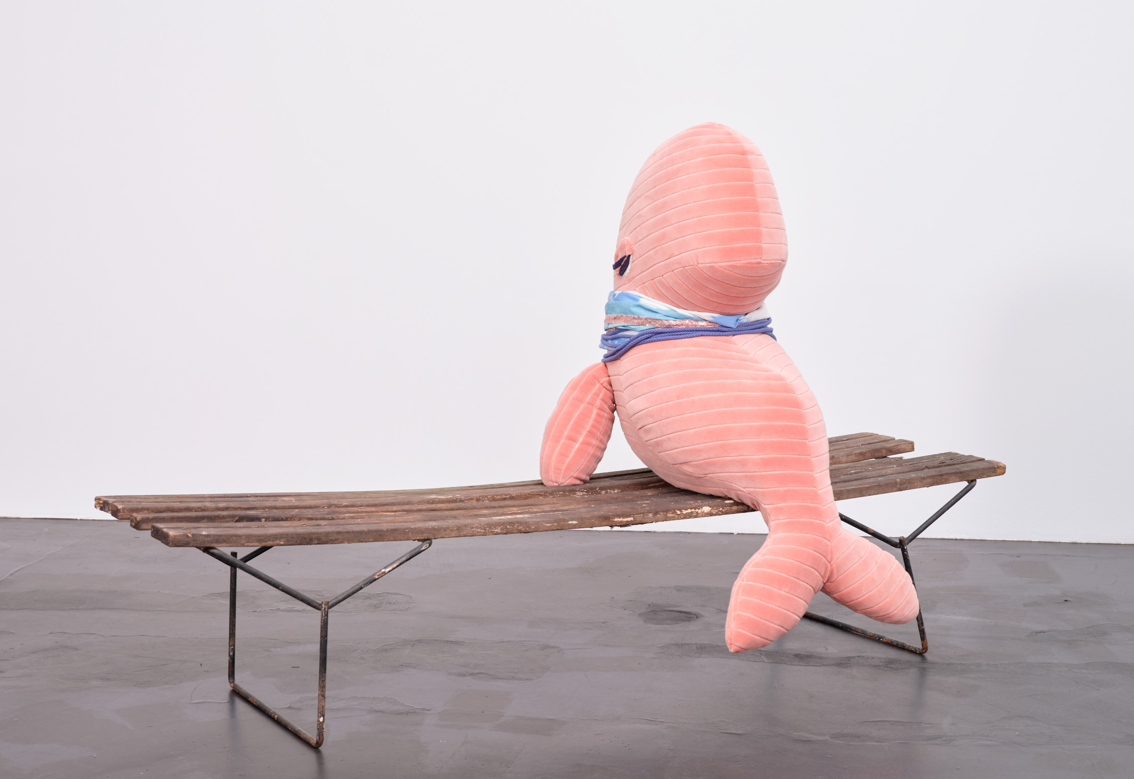 Cosima von Bonin. Mae Day II (Pink Striped Velvet Version With fan and Benc), 2022
Mixed Media.
