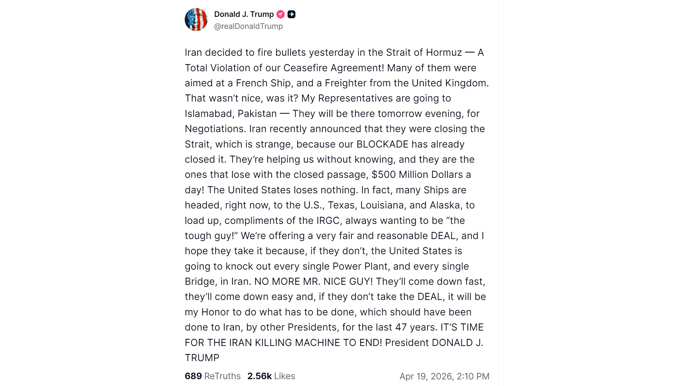 El mensaje publicado este domingo en la red social Truth por el presidente de EE UU, Donald Trump.