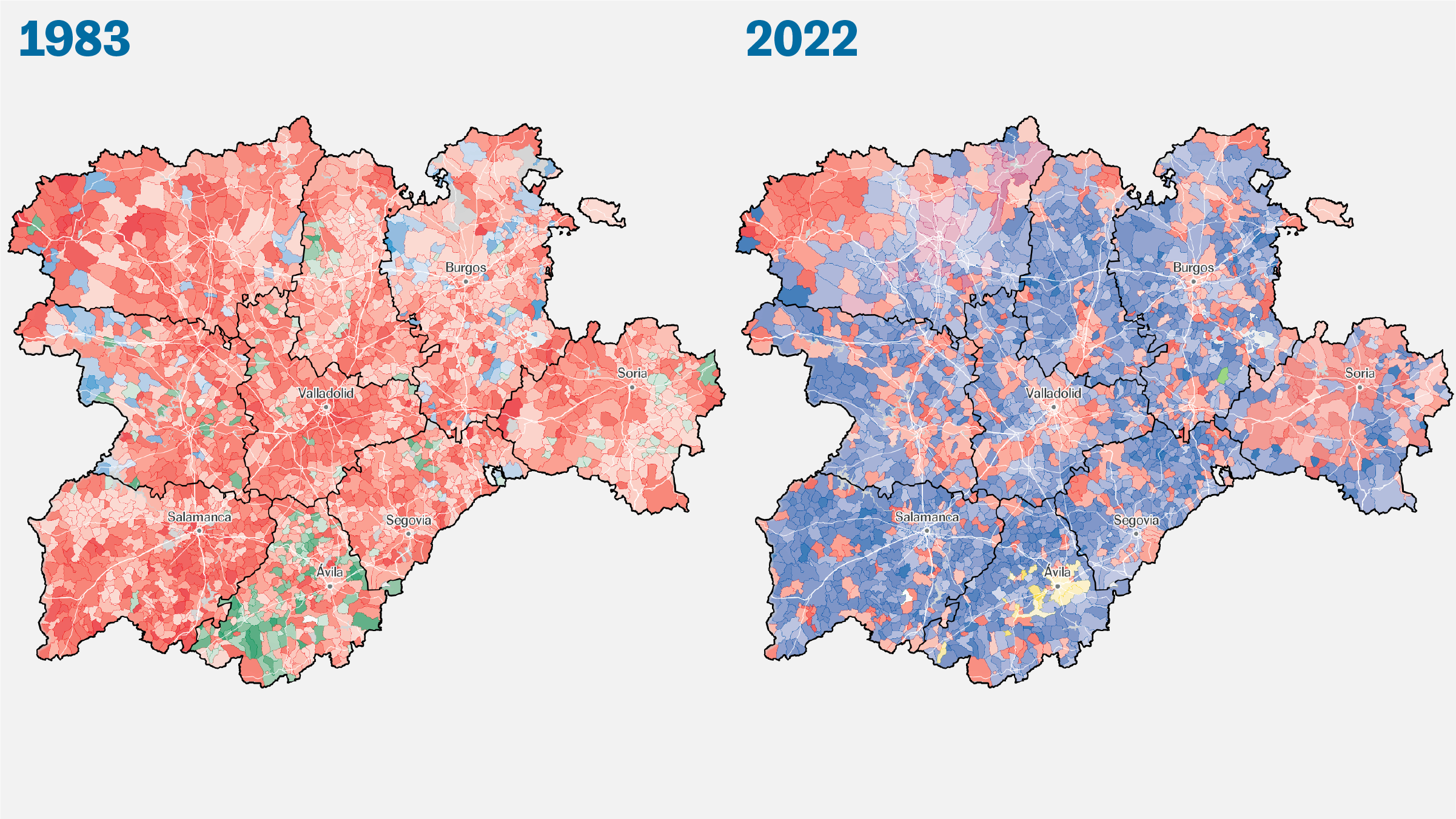 Cómo ha votado Castilla y León desde 1983, municipio a municipio, en mapas y datos