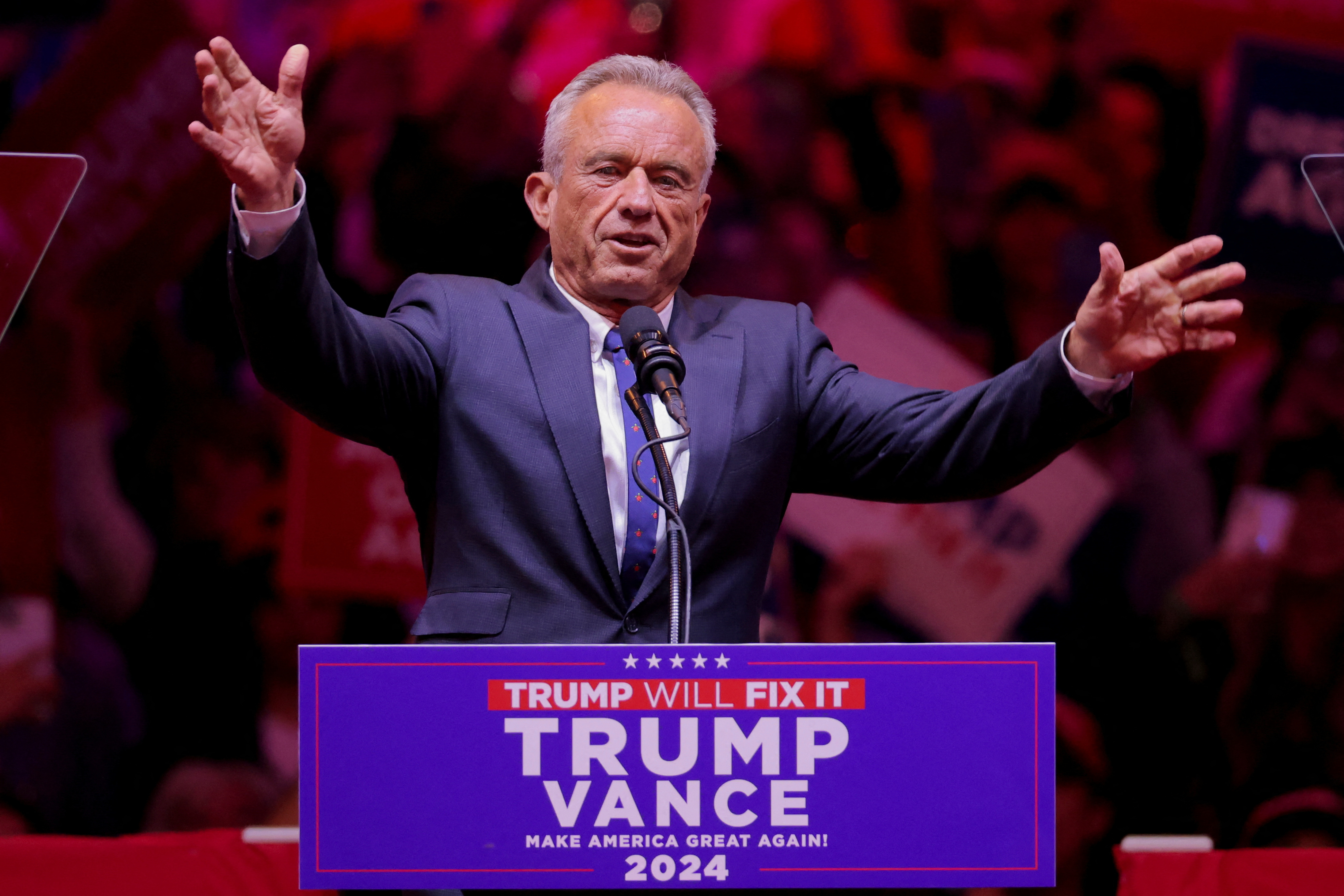 Robert F. Kennedy Jr. speaks during a rally for Republican presidential nominee and former U.S. President Donald Trump at Madison Square Garden, in New York, U.S., October 27, 2024. REUTERS/Andrew Kelly