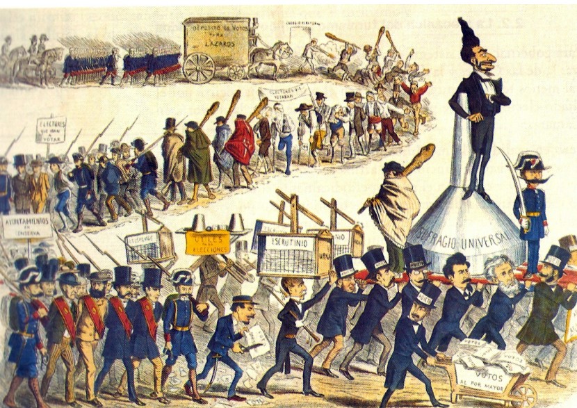Caricatura de un semanario humorístico que ironiza sobre la farsa electoral durante el régimen de la Restauración (siglo XIX) en España.