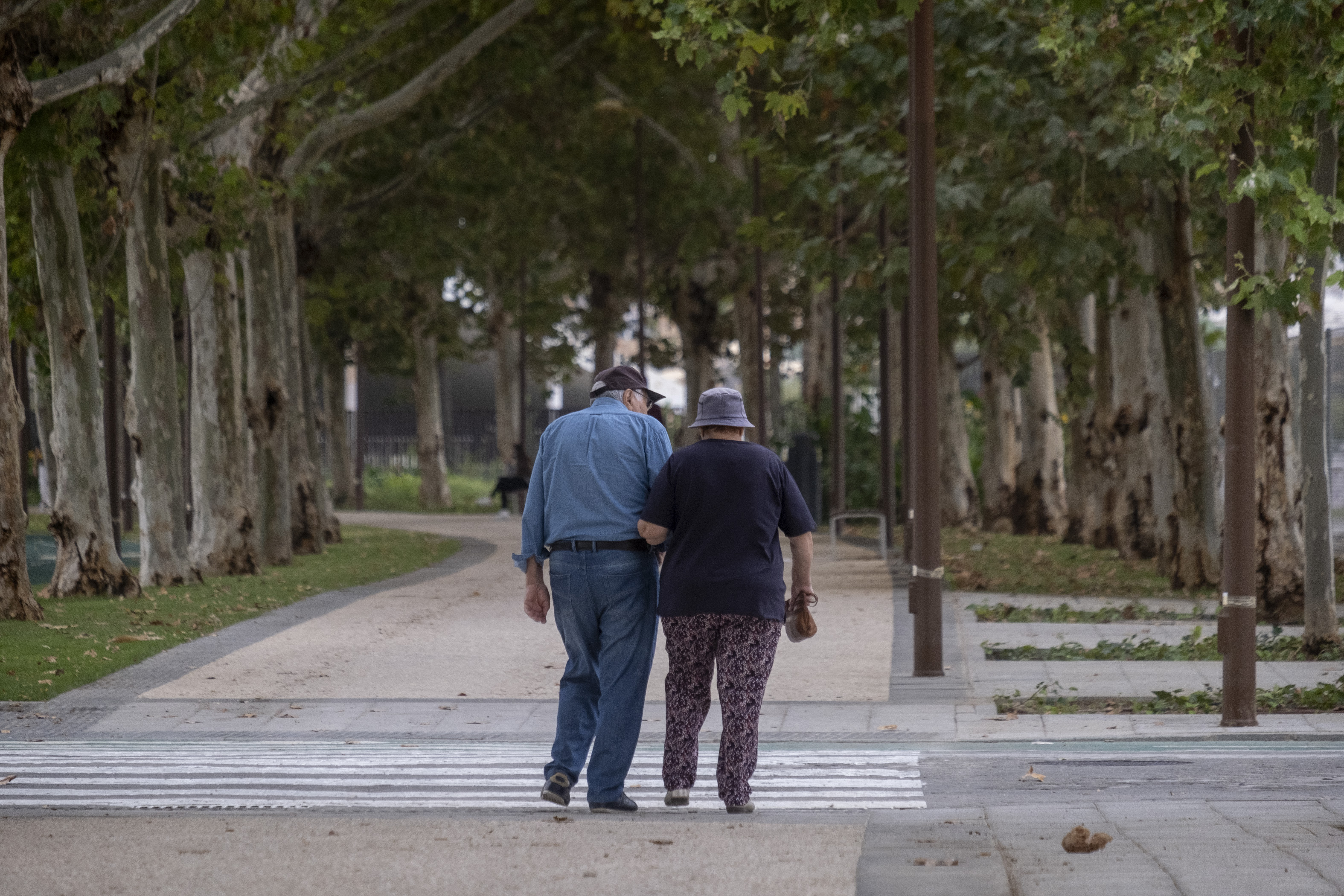 Una pareja de ancianos camina por la calle agarrada del brazo.