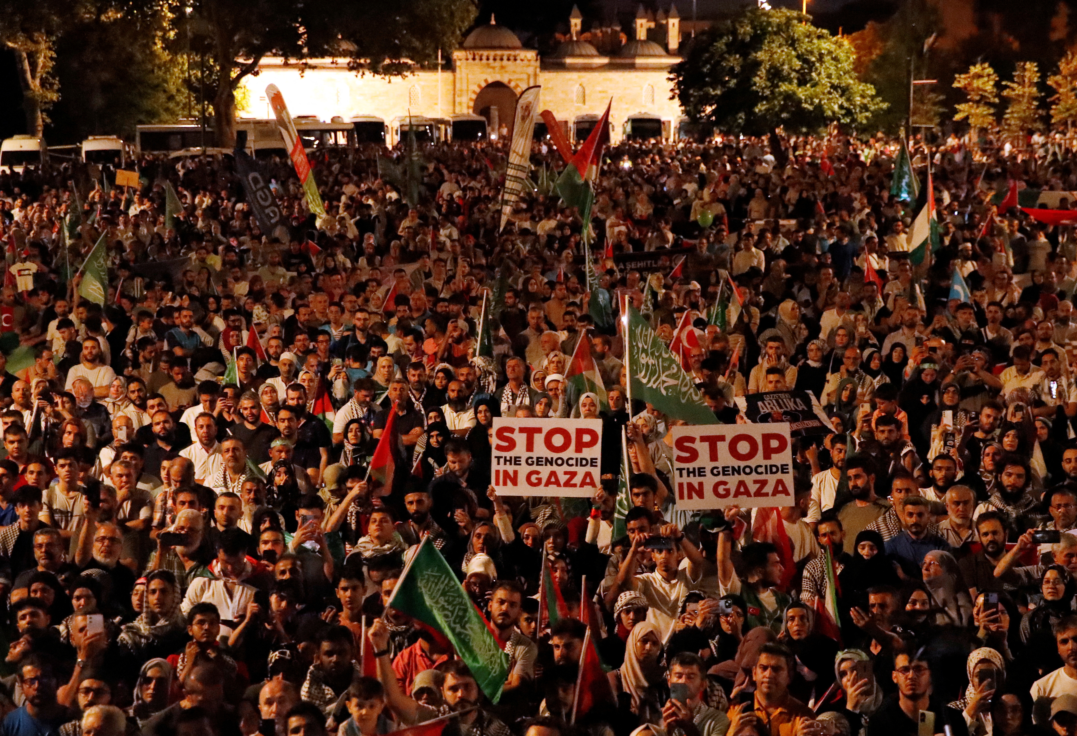 Pro-Palestinian demonstrators take part in a rally to protest the assassination of Hamas leader Ismail Haniyeh in Iran, in Istanbul, Turkey July 31, 2024. REUTERS/Dilara Senkaya