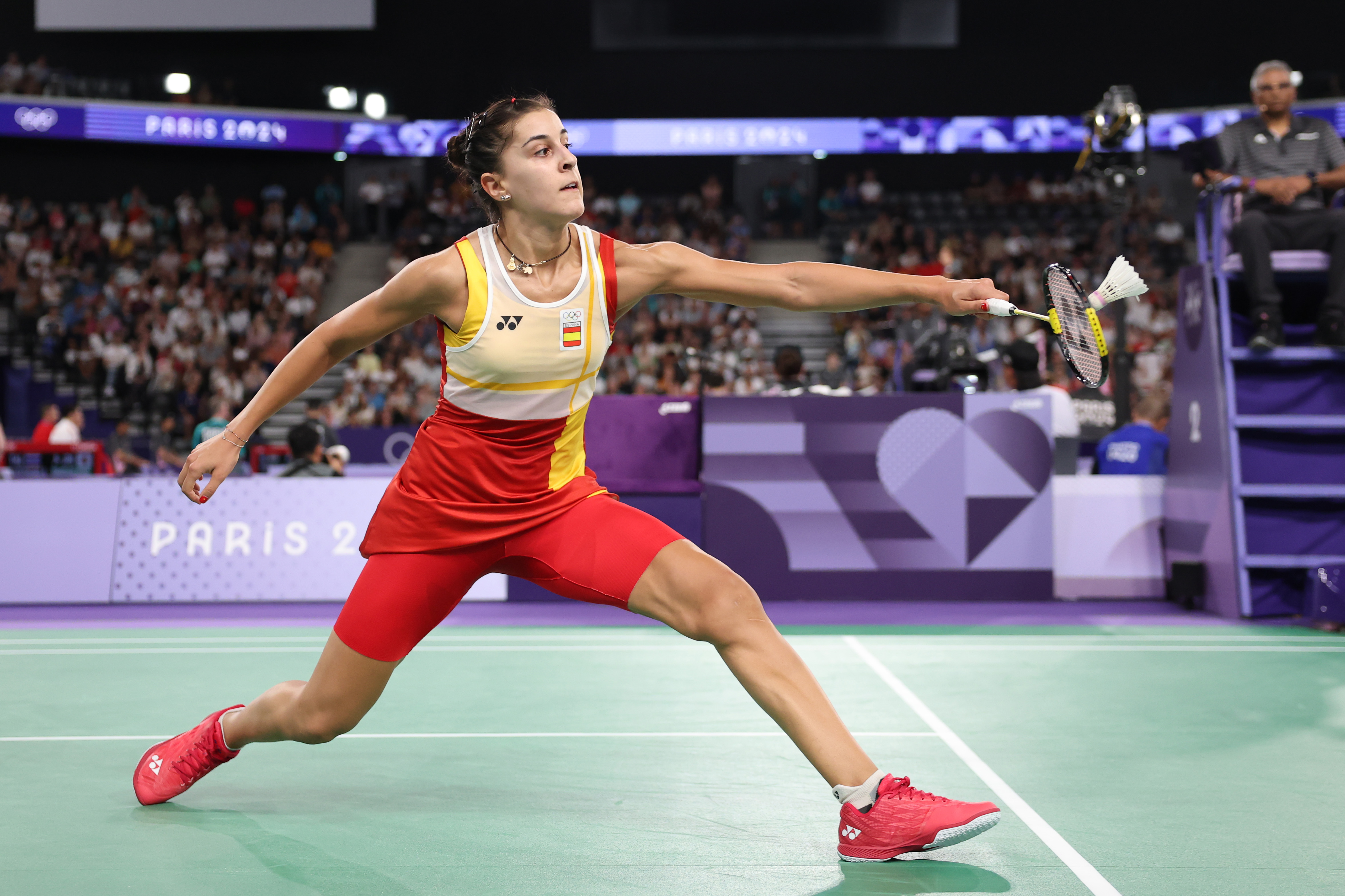 PARIS, FRANCE - AUGUST 01: Carolina Marin of Team Spain competes during a Women's Singles Round of 16 match on day six of the Olympic Games Paris 2024 at Porte de La Chapelle Arena on August 01, 2024 in Paris, France. (Photo by Michael Reaves/Getty Images)