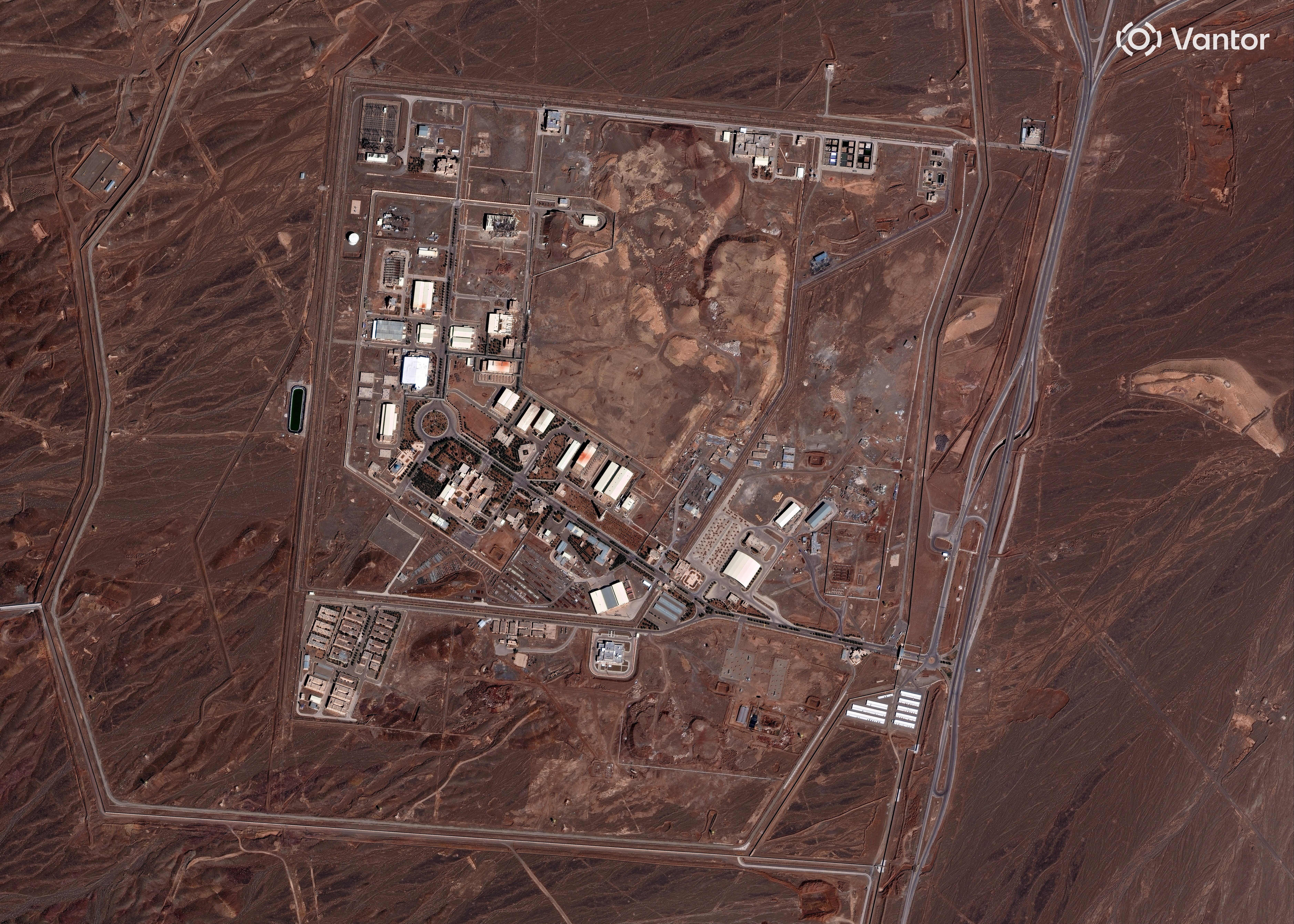 NATANZ NUCLEAR FACILITY, ISFAHAN PROVINCE, IRAN -- MARCH 01, 2026: 01 -- Vantor satellite image shows an overview of the Natanz nuclear facility complex and surrounding desert terrain in Isfahan Province. Please use: Satellite image (c) 2026 Vantor.