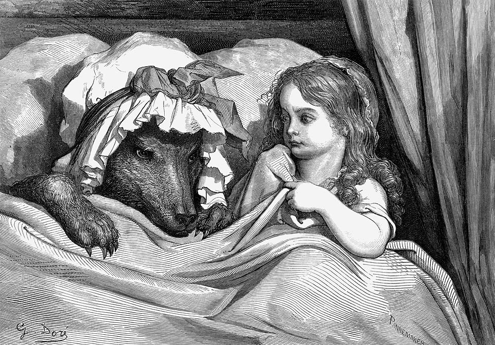 Grabado de Gustave Doré de la escena en Caperucita roja en la cama con el lobo: 