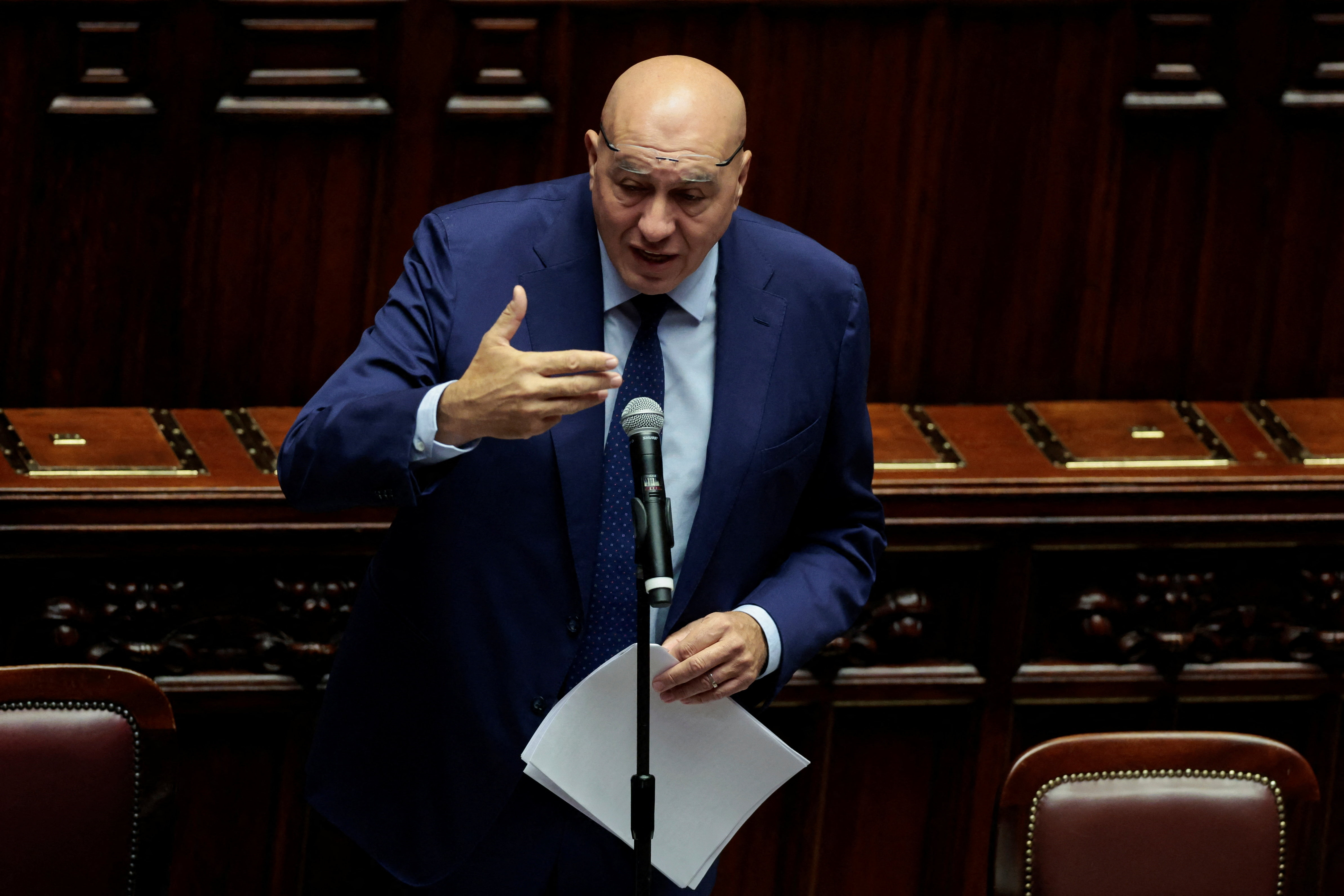 Italy's Defence Minister Guido Crosetto addresses the Parliament about the Global Sumud Flotilla heading to Gaza, in Rome, Italy, September 25, 2025. REUTERS/Remo Casilli