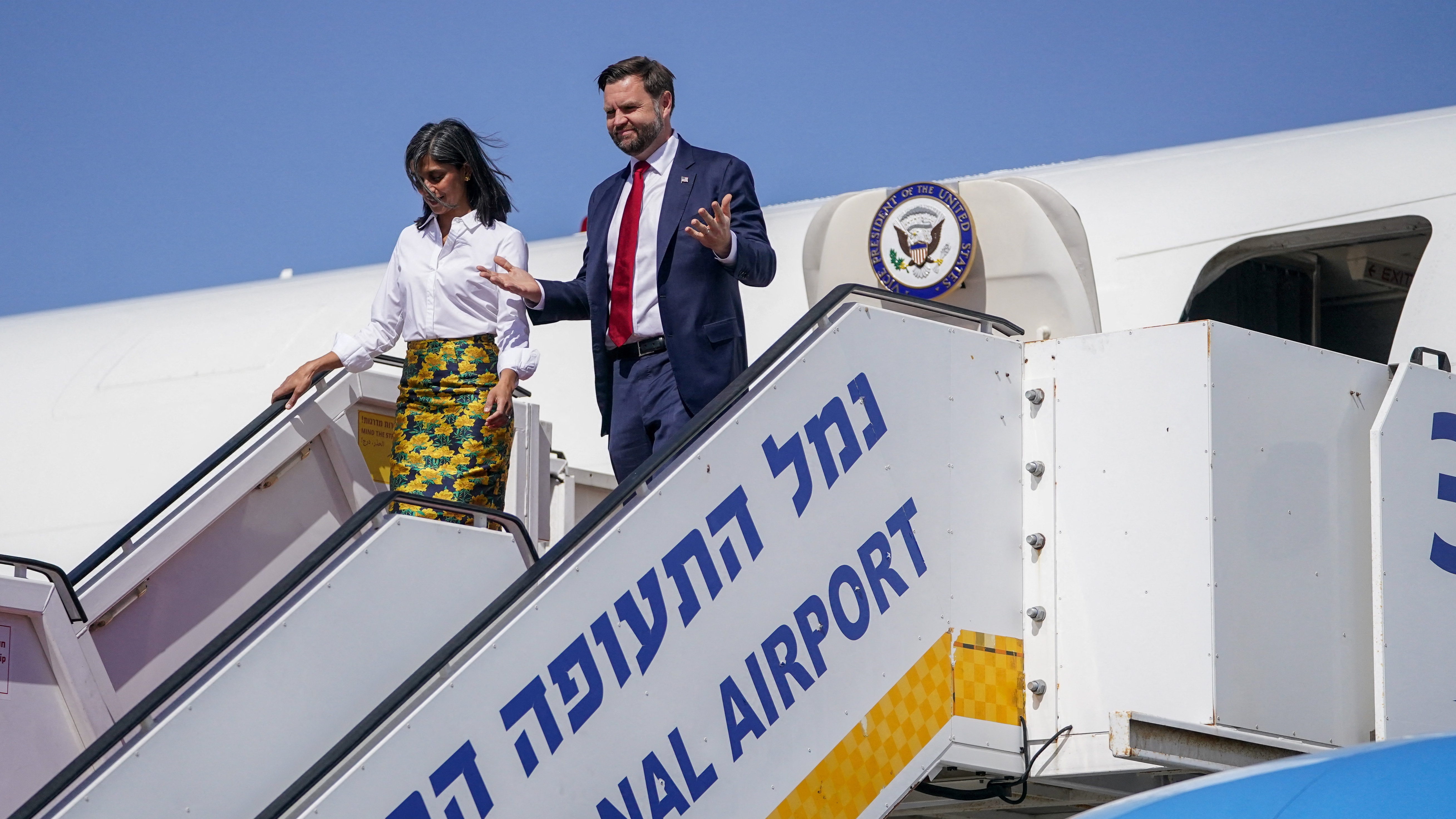 U.S. Vice President JD Vance, second lady Usha Vance arrive at Ben Gurion airport in Lod Israel, October 21, 2025. Nathan Howard/Pool via REUTERS