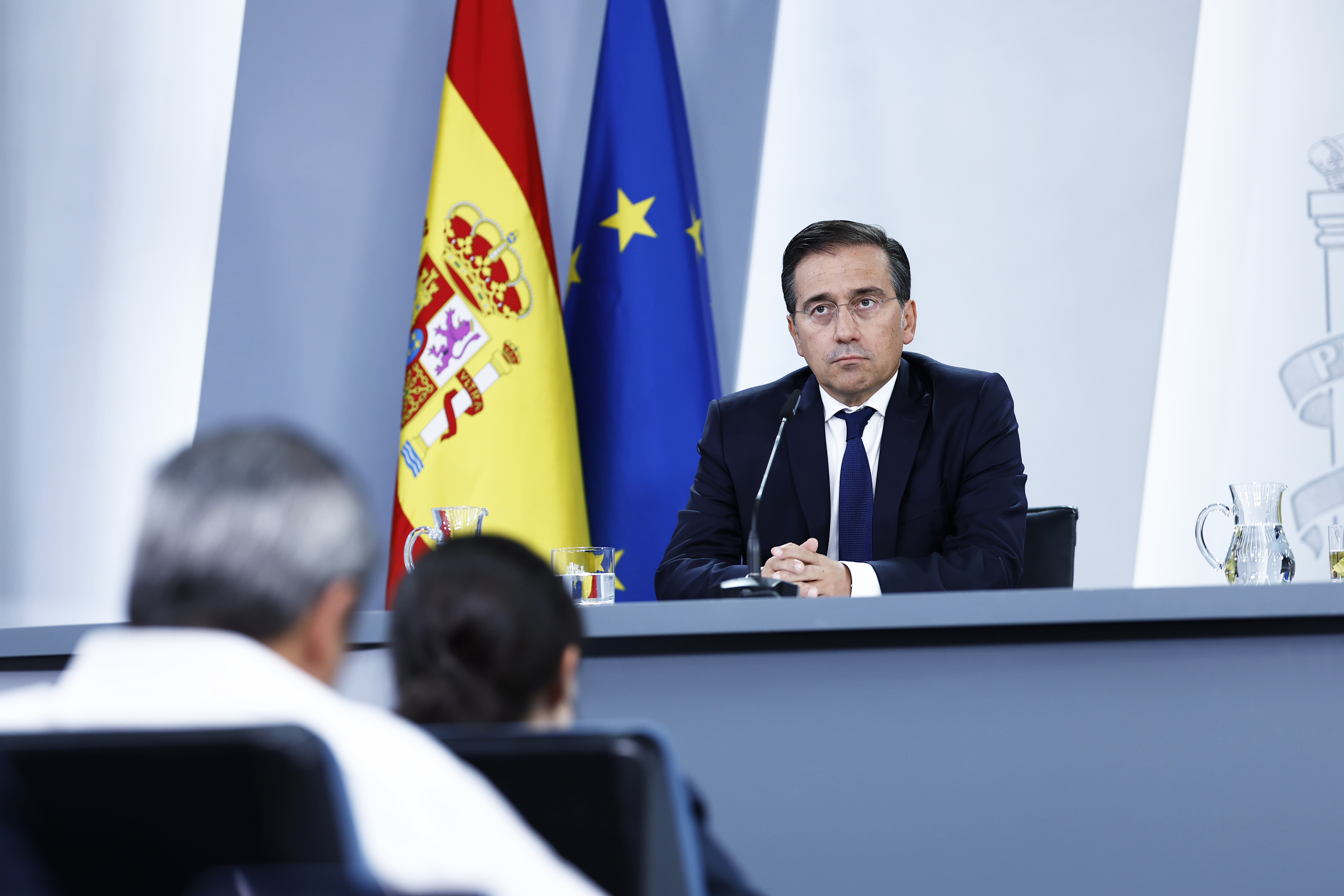 El ministro José Manuel Albares, hoy durante la rueda de prensa posterior al Consejo de Ministros.