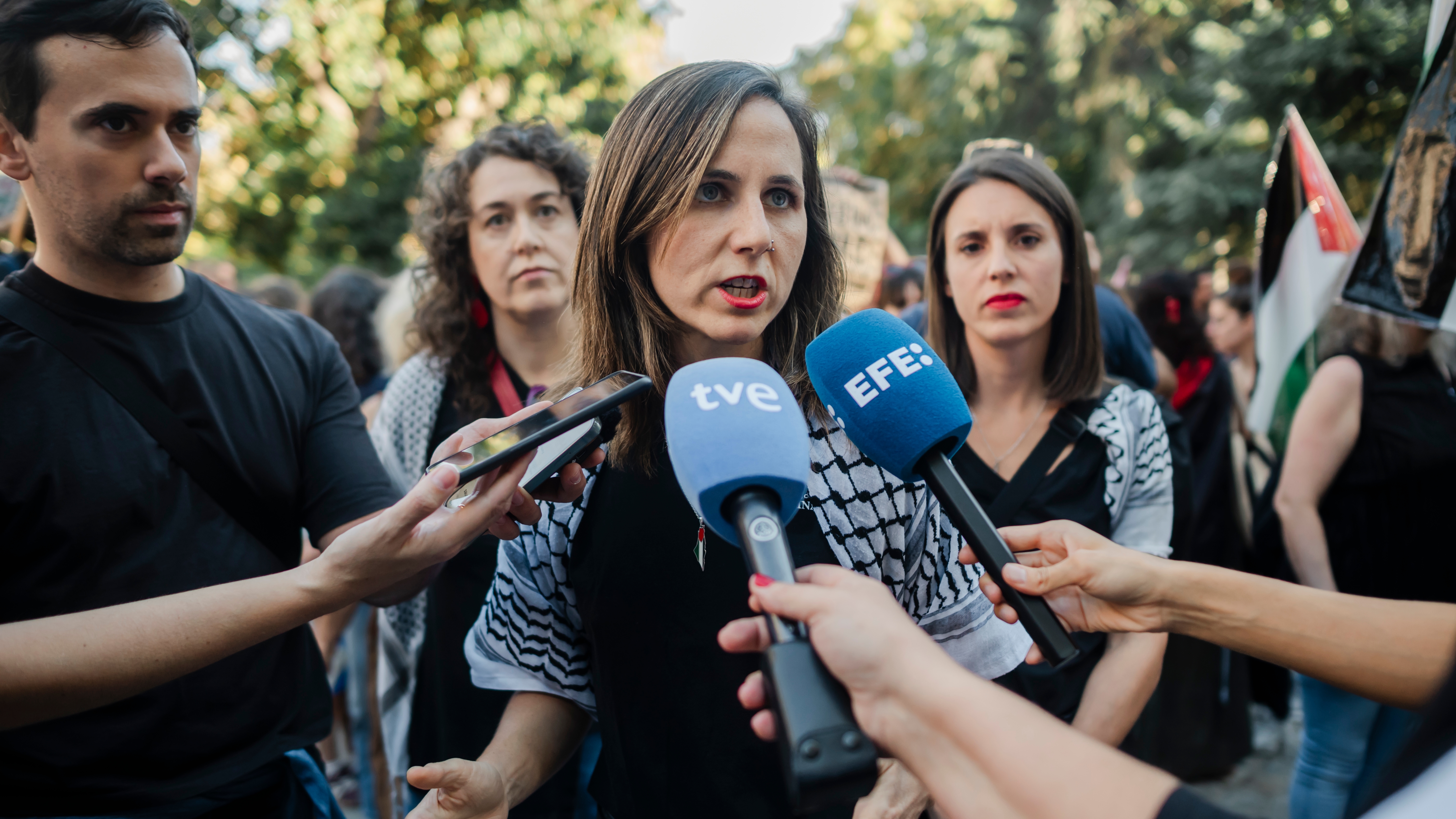 La secretaria general y diputada de Podemos, Ione Belarra, este sábado antes de la manifestación.