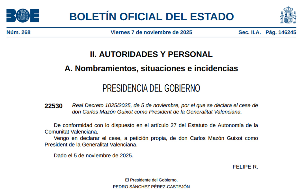 Anuncio del cese de Carlos Mazón publicado en el BOE el 7 de noviembre de 2025.