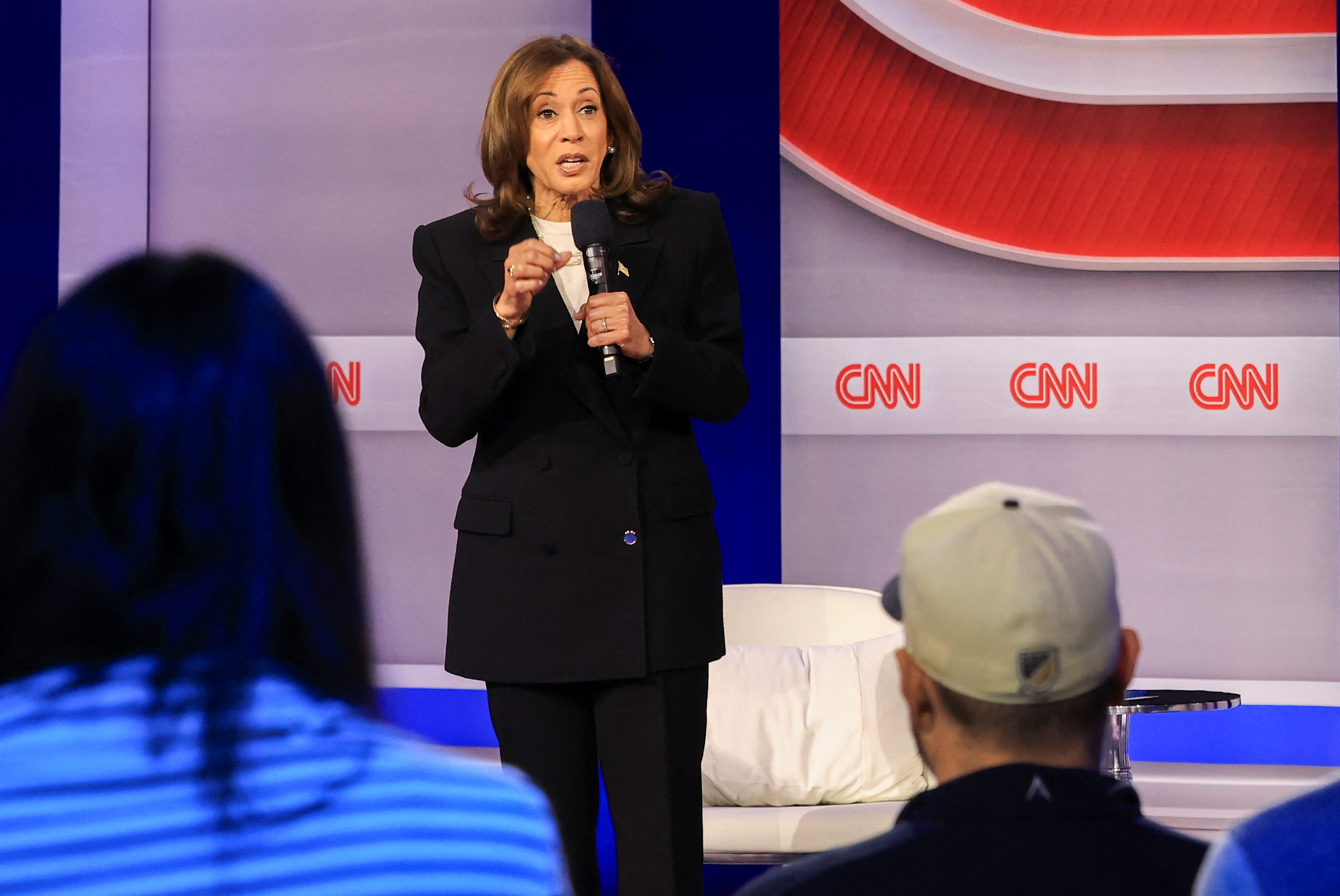 Democratic presidential nominee and U.S. Vice President Kamala Harris speaks during a CNN town hall event in Aston, Delaware County, Pennsylvania, U.S., October 23, 2024. REUTERS/Kevin Mohatt