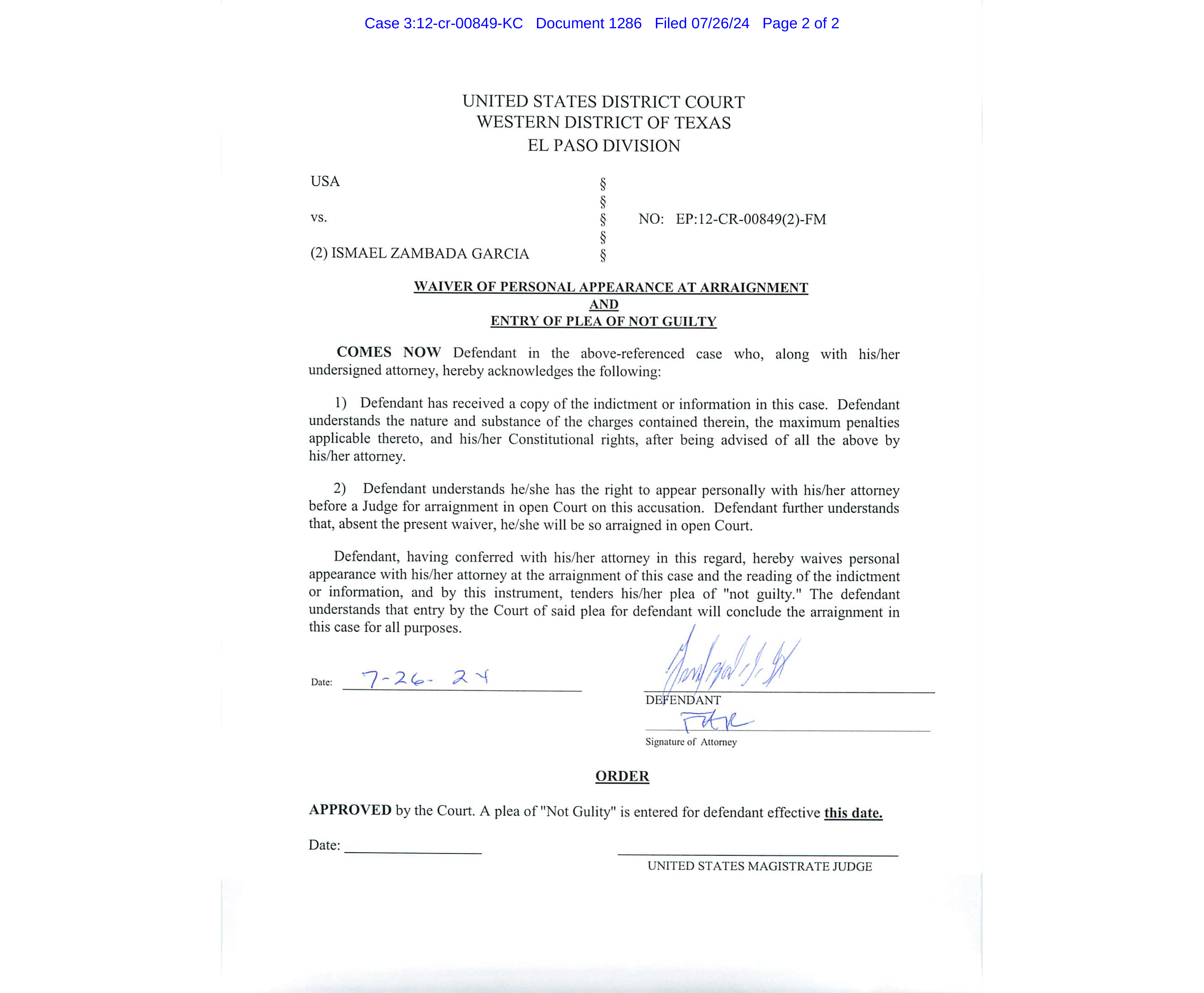 Documento de la Corte del Distrito Oeste de Texas con la firma de Ismael 'El Mayo' Zambada.