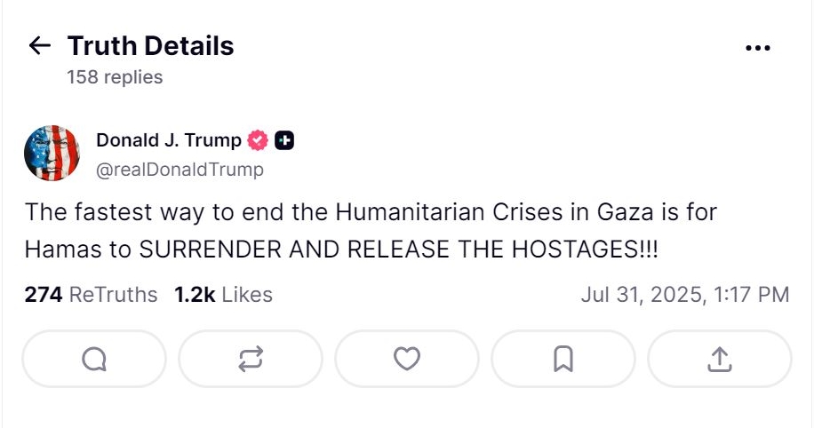 La publicación de Donald Trump en la red social Truth, este jueves.