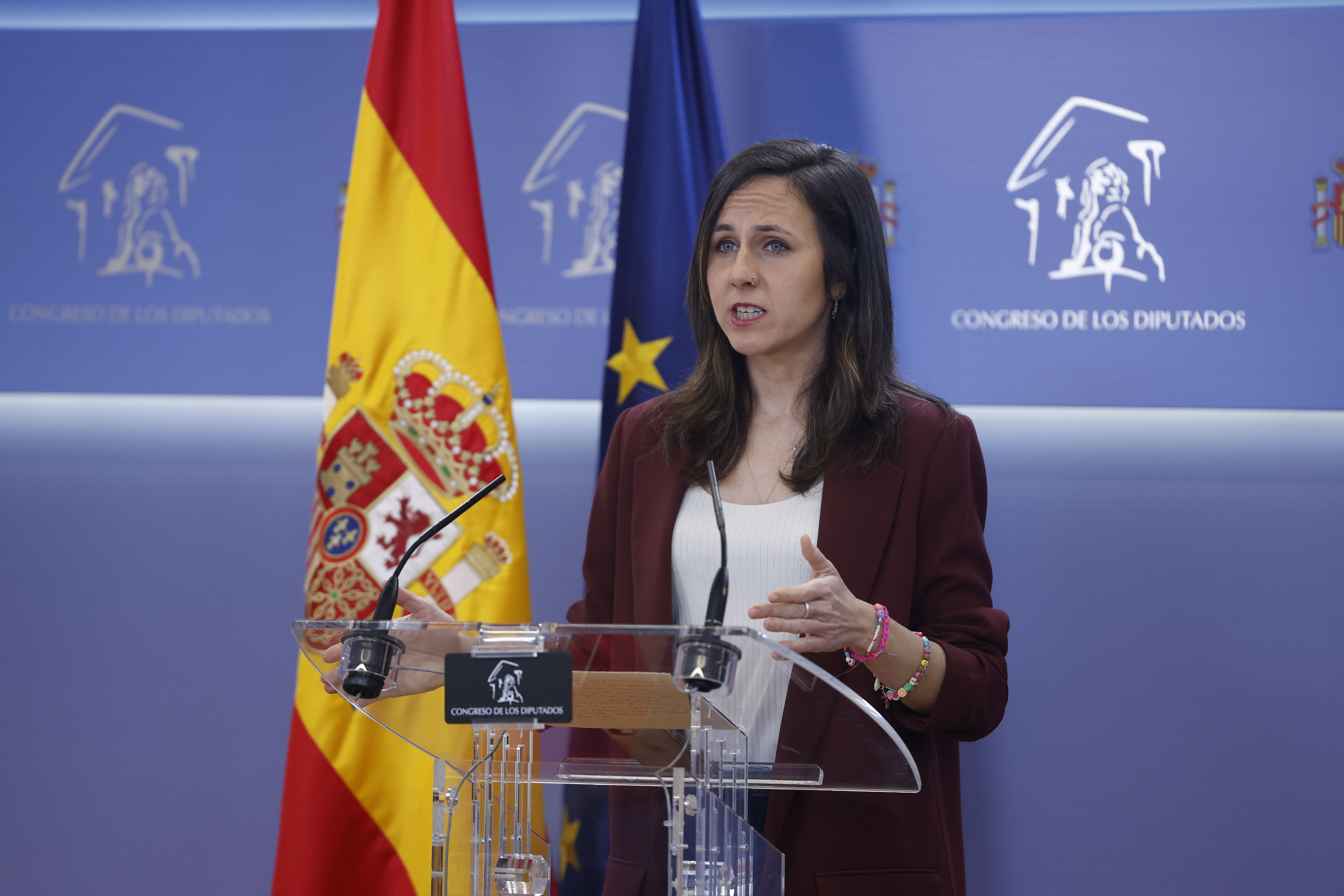MADRID, 24/03/2026.- La diputada de Podemos Ione Belarra da una rueda de prensa en el marco de la reunión de la Junta de Portavoces, este martes, en el Congreso de los Diputados. EFE/ Javier Lizón