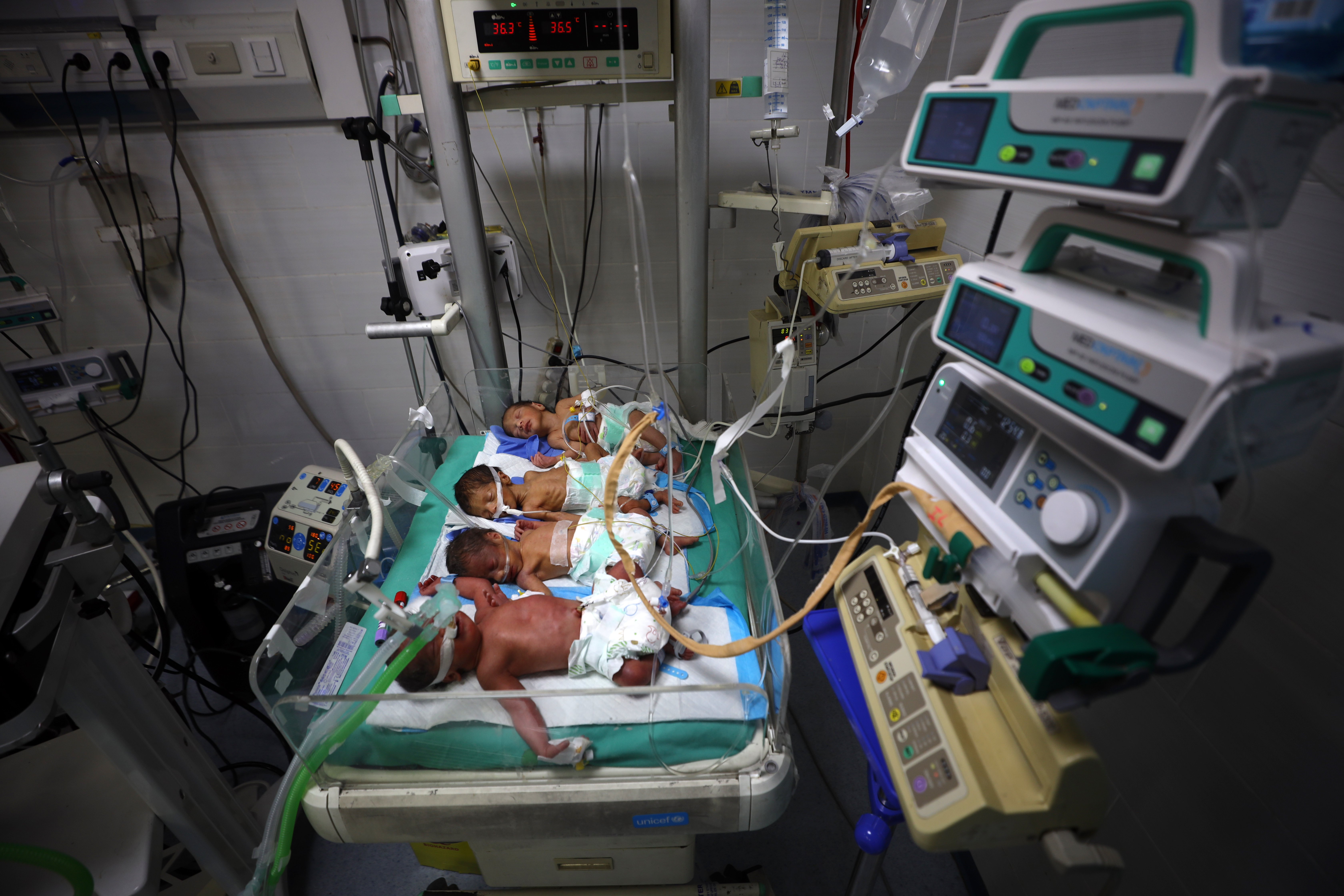Premature babies receive care in an incubator at Al-Helou Hospital, where they are at risk due to fuel shortages and the closure of border crossings in Gaza City, on July 17, 2025. The fuel crisis affecting all hospitals may lead to the shutdown of generators and vital medical equipment. (Photo by Majdi Fathi/NurPhoto via Getty Images)