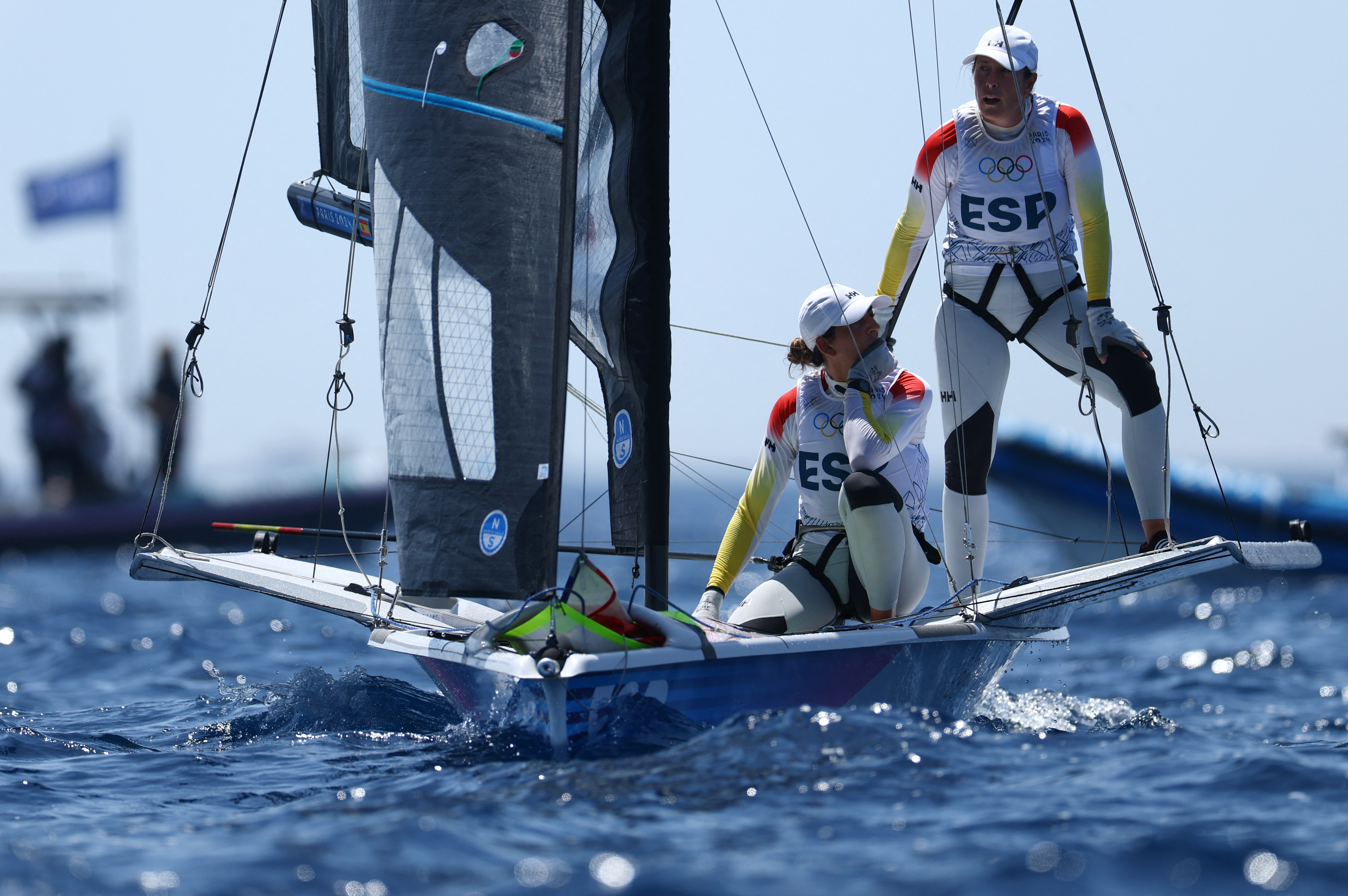 Paris 2024 Olympics - Sailing - Women's Skiff - Marseille Marina, Marseille, France - July 28, 2024.  Tamara Echegoyen Dominguez of Spain and Paula Barcelo Martin of Spain in action. REUTERS/Lisi Niesner