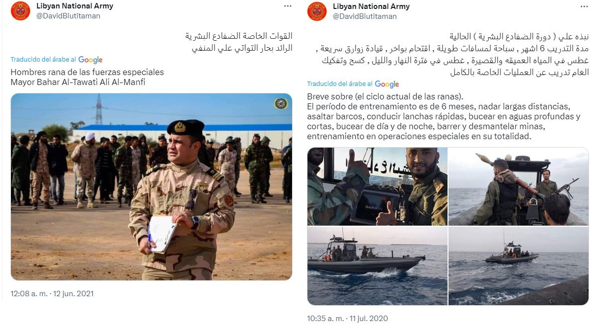À esquerda, Bahar Al Tawati Ali Al-Manfi.  À direita, imagens de um 'homem-rã' treinando em duas postagens na conta do Twitter da Marinha do leste da Líbia.