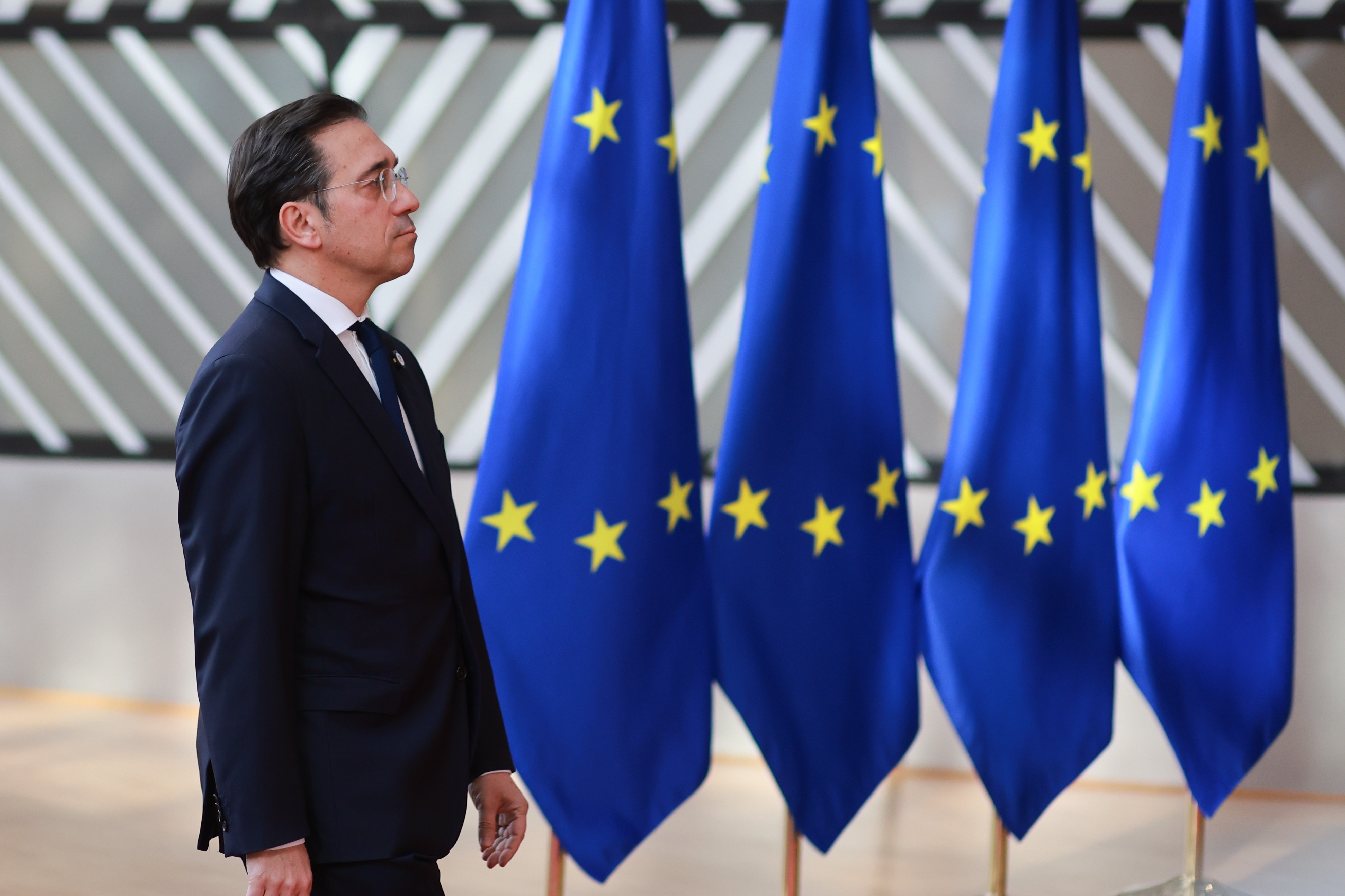 El ministro de Exteriores español, José Manuel Albares, en Bruselas durante una reunion del Consejo de la Unión Europea, este lunes 16 de marzo.