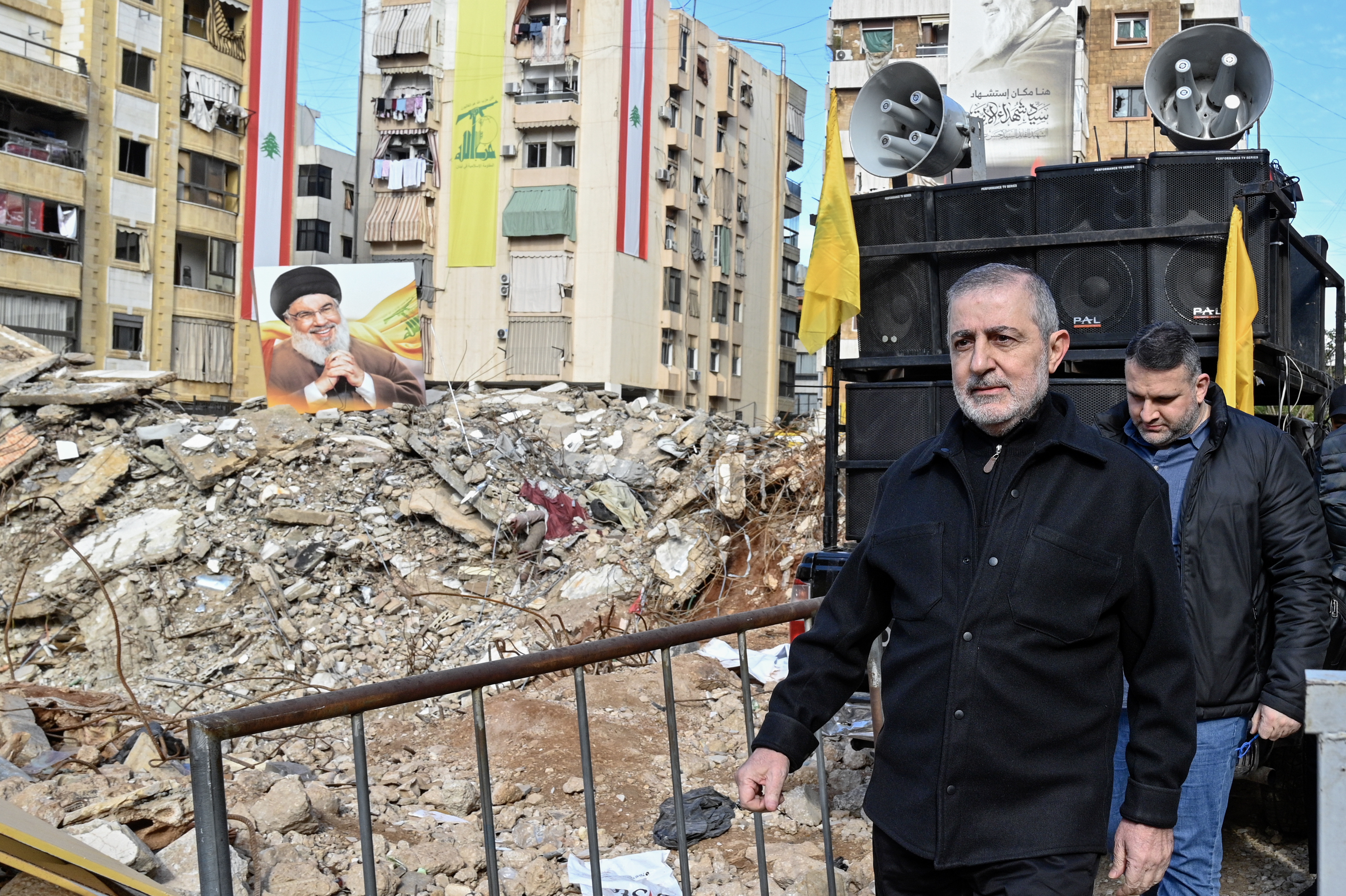 Beirut (Lebanon), 05/01/2025.- The head of Hezbollah's Liaison and Coordination Unit, Wafiq Safa (L), visits the site where former Hezbollah leader Hassan Nasrallah was killed, in the Haret Hreik neighborhood, in the Dahieh suburb, southern Beirut, Lebanon, 05 January 2025. An Israeli airstrike killed Nasrallah in Beirut on 27 September 2024. (Líbano, Hizbulá/Hezbolá) EFE/EPA/WAEL HAMZEH
