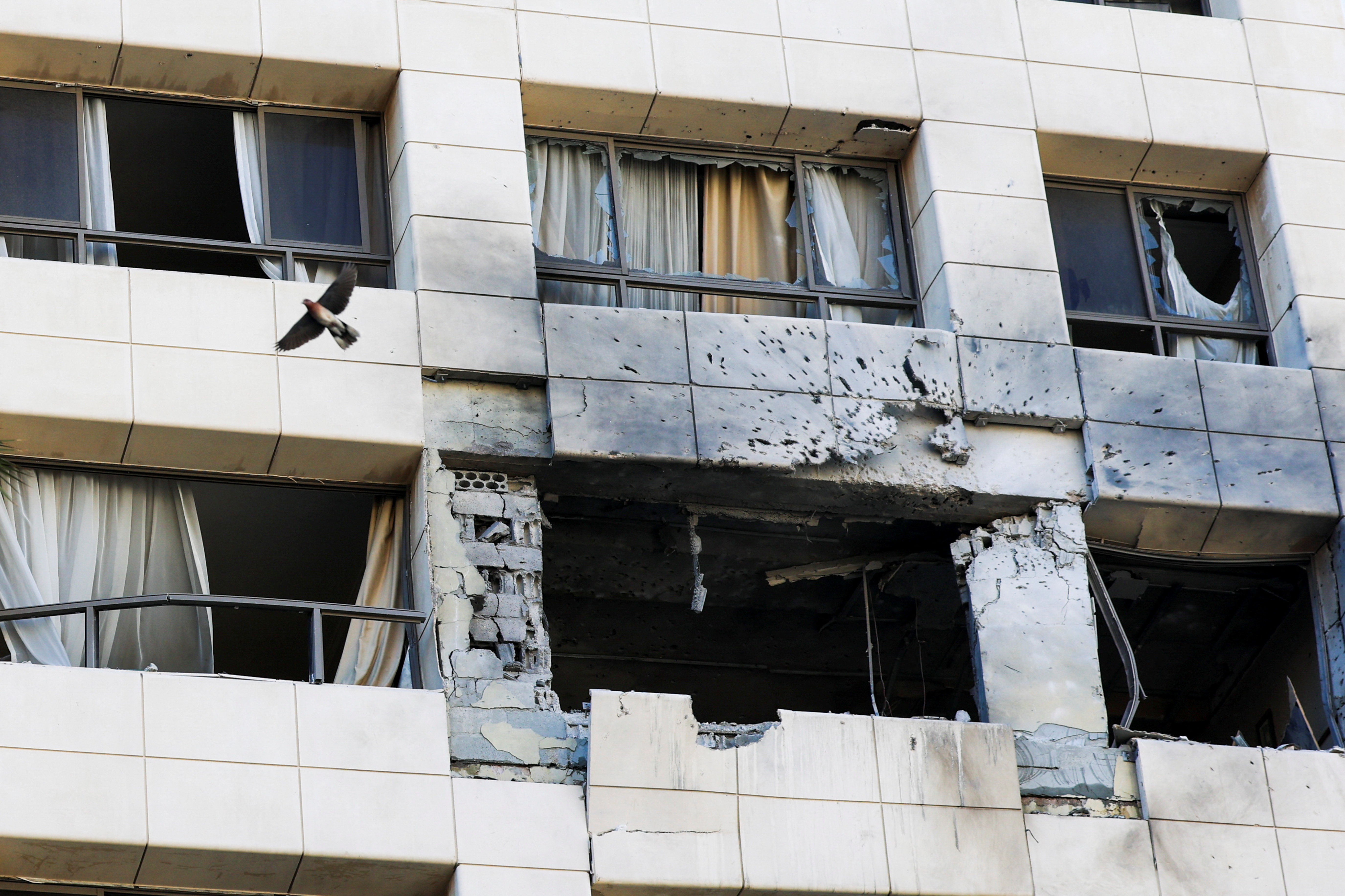 A bird flies next to the damaged Ramada Plaza hotel building in the aftermath of an Israeli strike, following an escalation between Hezbollah and Israel amid the U.S.-Israeli conflict with Iran, in central Beirut, Lebanon, March 8, 2026. REUTERS/Claudia Greco