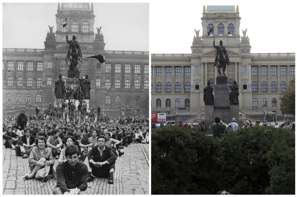 Mujer Alegre Turista Morena En Ropa Hippie Bohemio Que Habla El Teléfono  Celular En La Plaza Wenceslao De Praga. En El Fondo De San Wenceslao  Estatua En Praga. Concepto De Viaje Turismo.