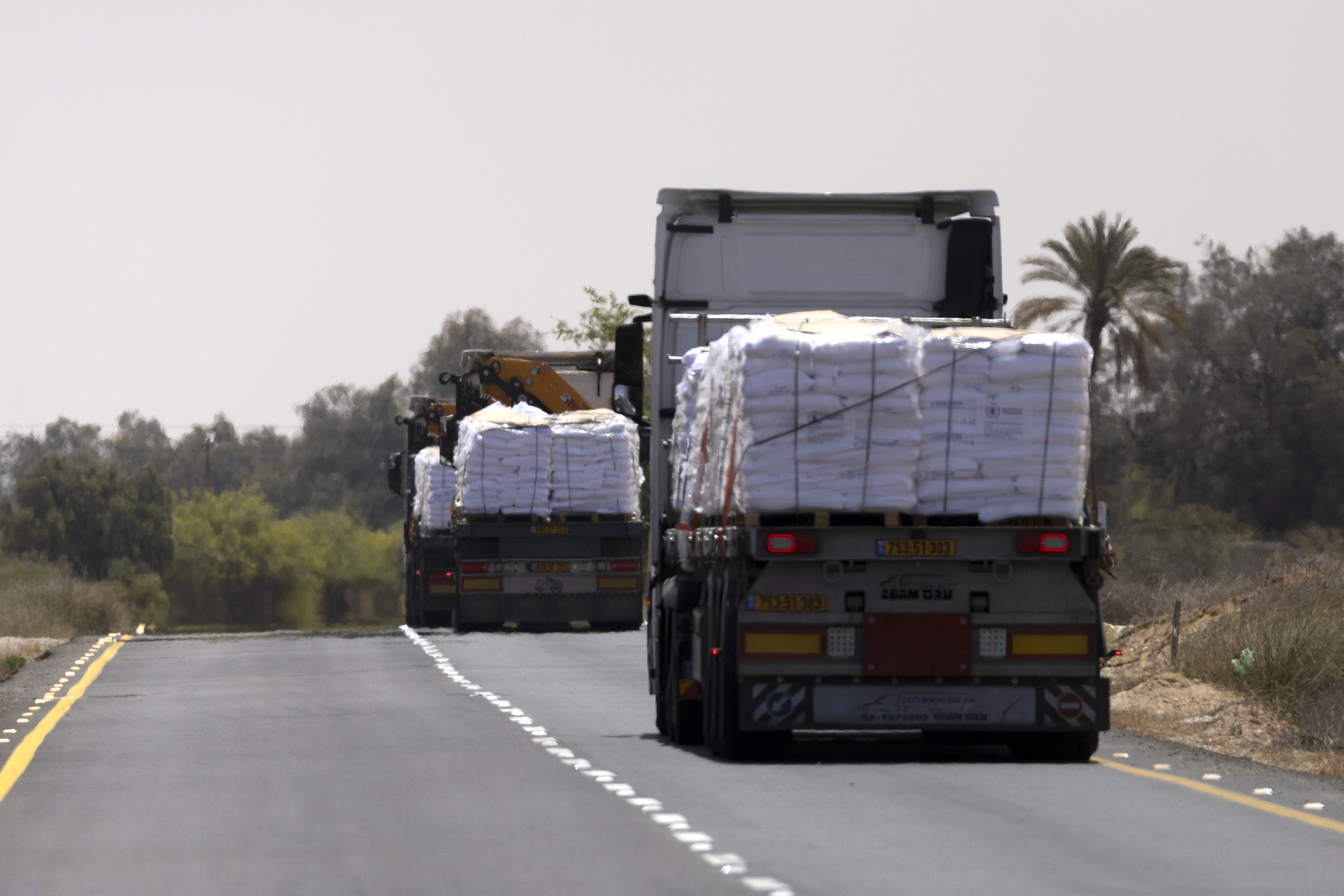 Una caravana de camiones con ayuda humanitaria se movilizan en una carretera cercana al paso fronterizo de Kerem Shalom, en el sur de Israel, este lunes 19 de mayo de 2025