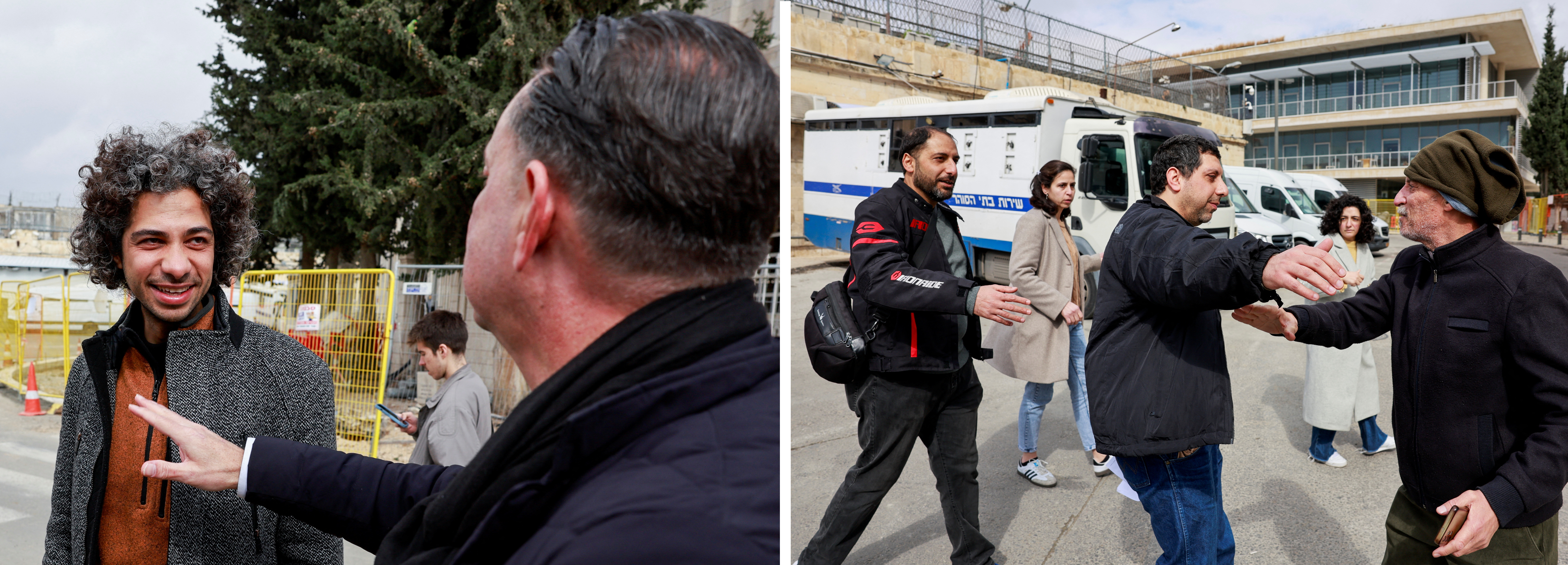 Imad (a la izquierda) y Mahmud Muna reaccionan tras ser liberados por la polica de Israel despus de que su librera fuera allanada, este martes 12 de febrero de 2025