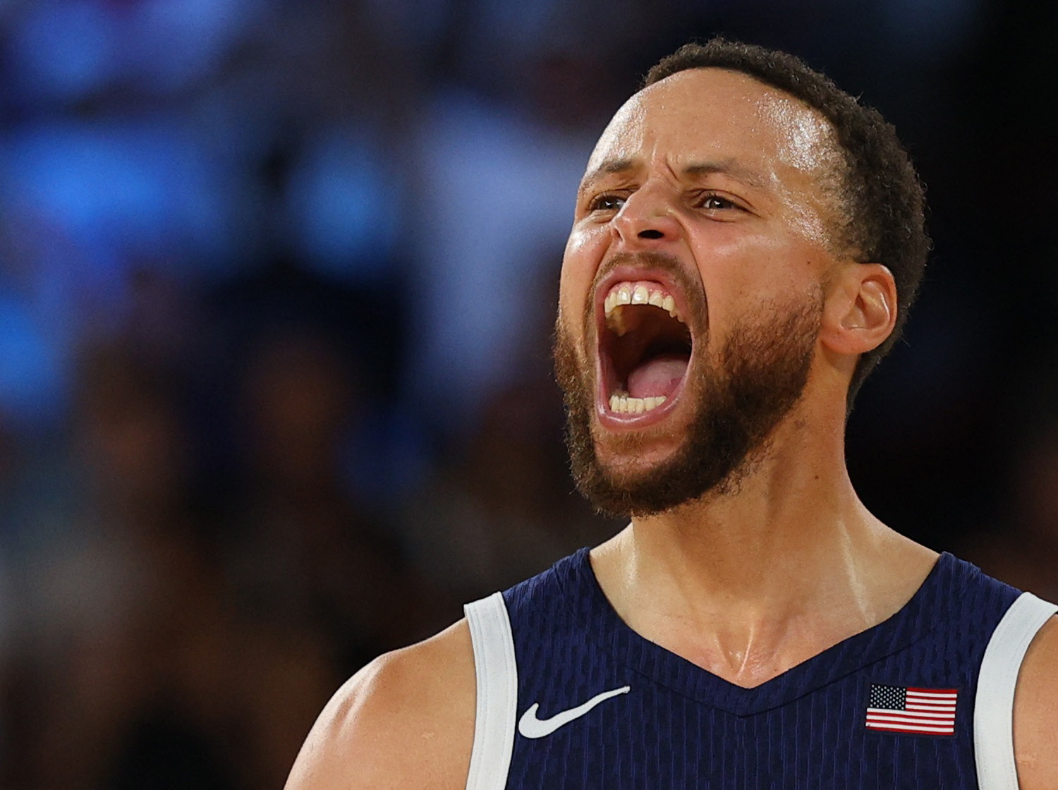 Paris 2024 Olympics - Basketball - Men's Gold Medal Game - France vs United States - Bercy Arena, Paris, France - August 10, 2024. Stephen Curry of United States reacts during the gold medal game. REUTERS/Brian Snyder