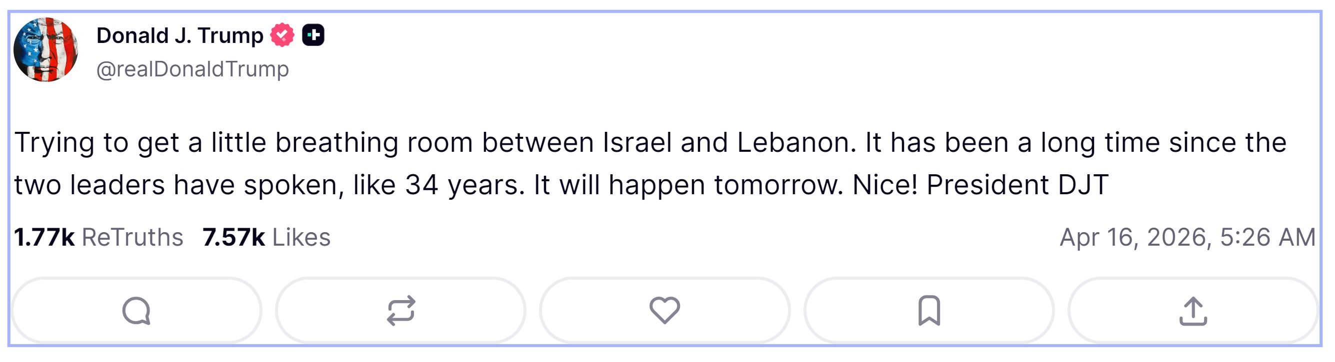 El mensaje del presidente de EE UU, Donald Trump, este jueves en Truth.
