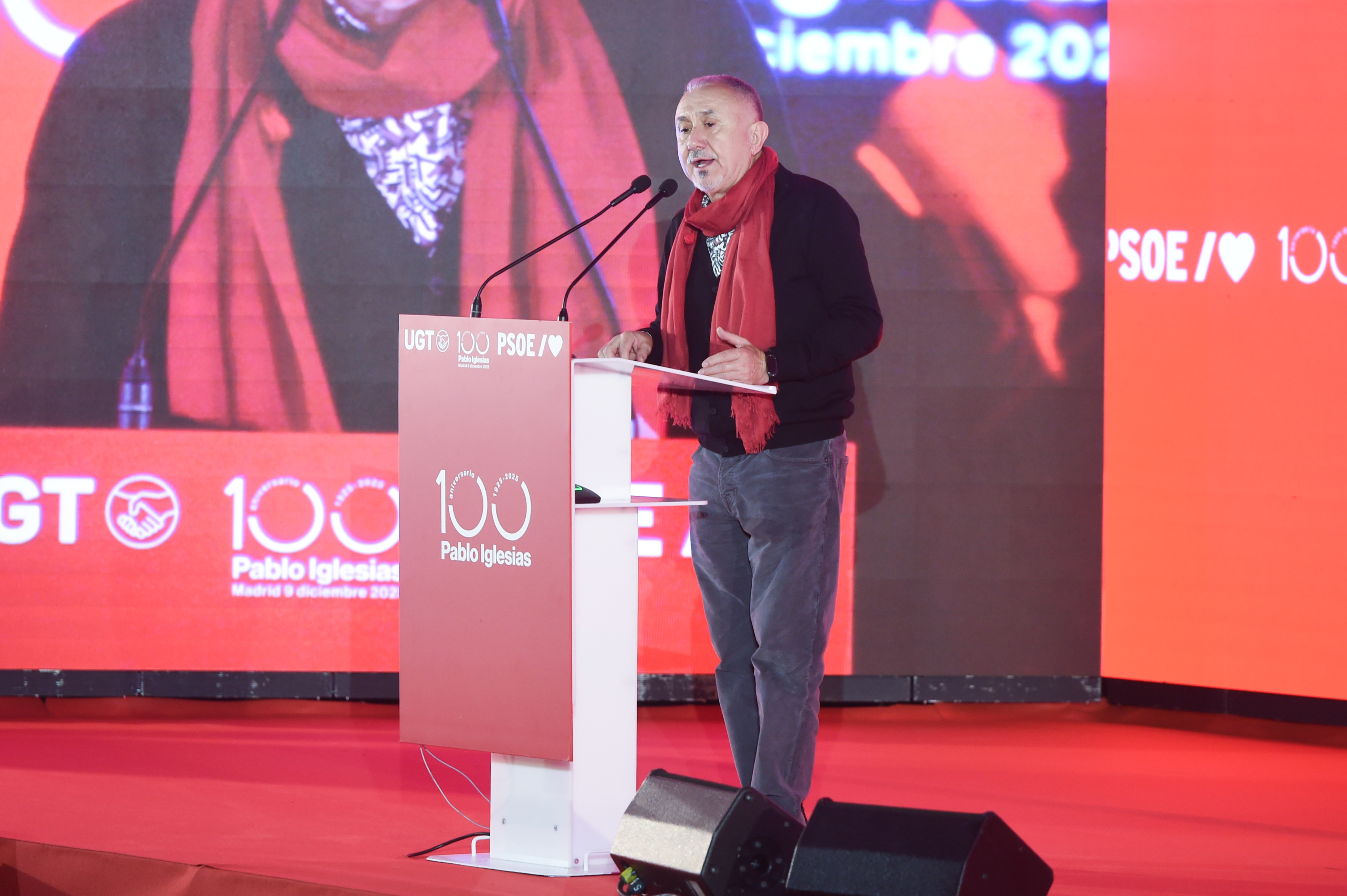 Pepe Álvarez interviene este martes en el acto por el centenario de la muerte de Pablo Iglesias Posse, en Madrid.