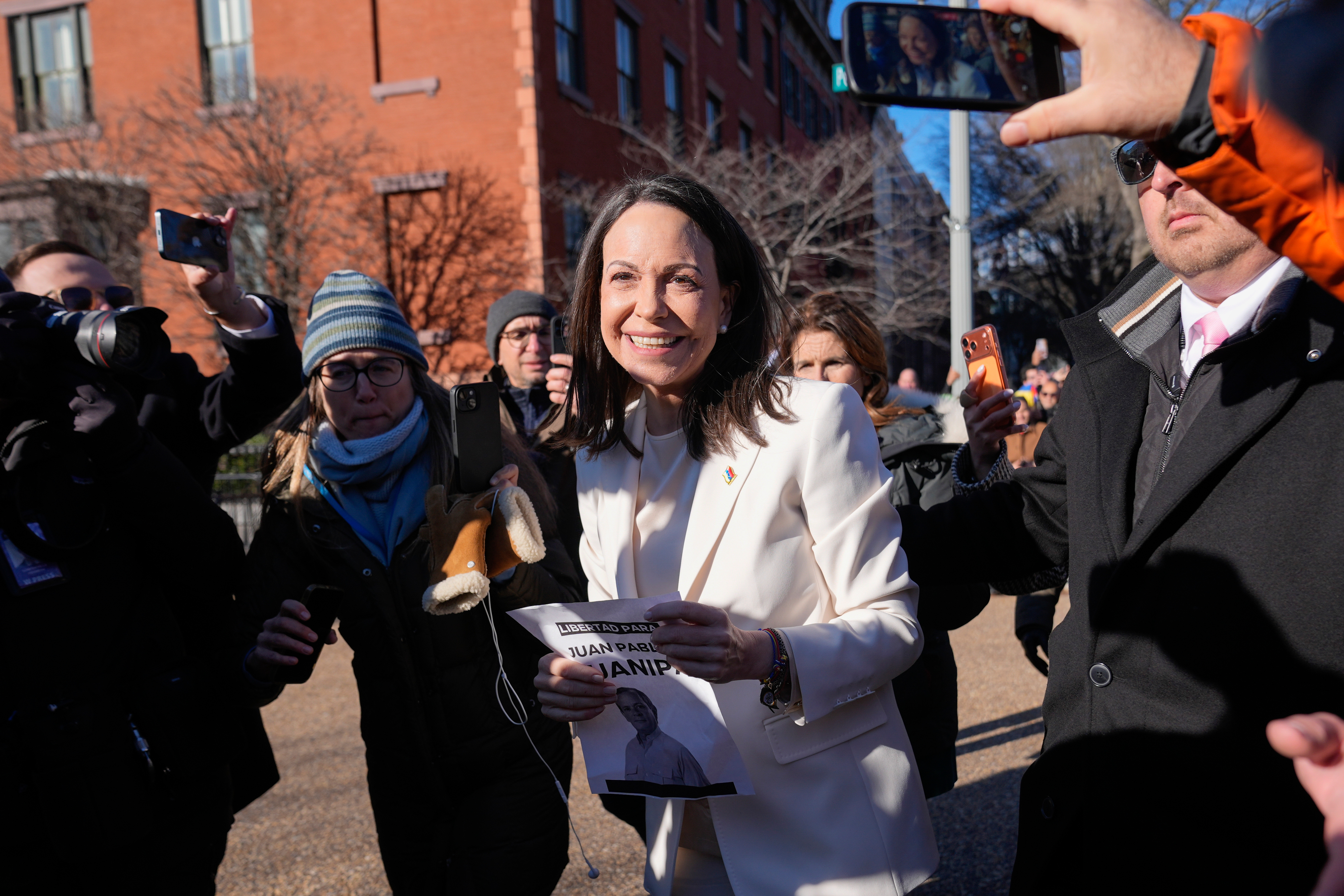Venezuelan opposition leader María Corina Machado after greeting supporters on Pennsylvania Avenue near the White House following a meeting with President Donald Trump Thursday, Jan. 15, 2026, in Washington. (AP Photo/Pablo Martinez Monsivais)