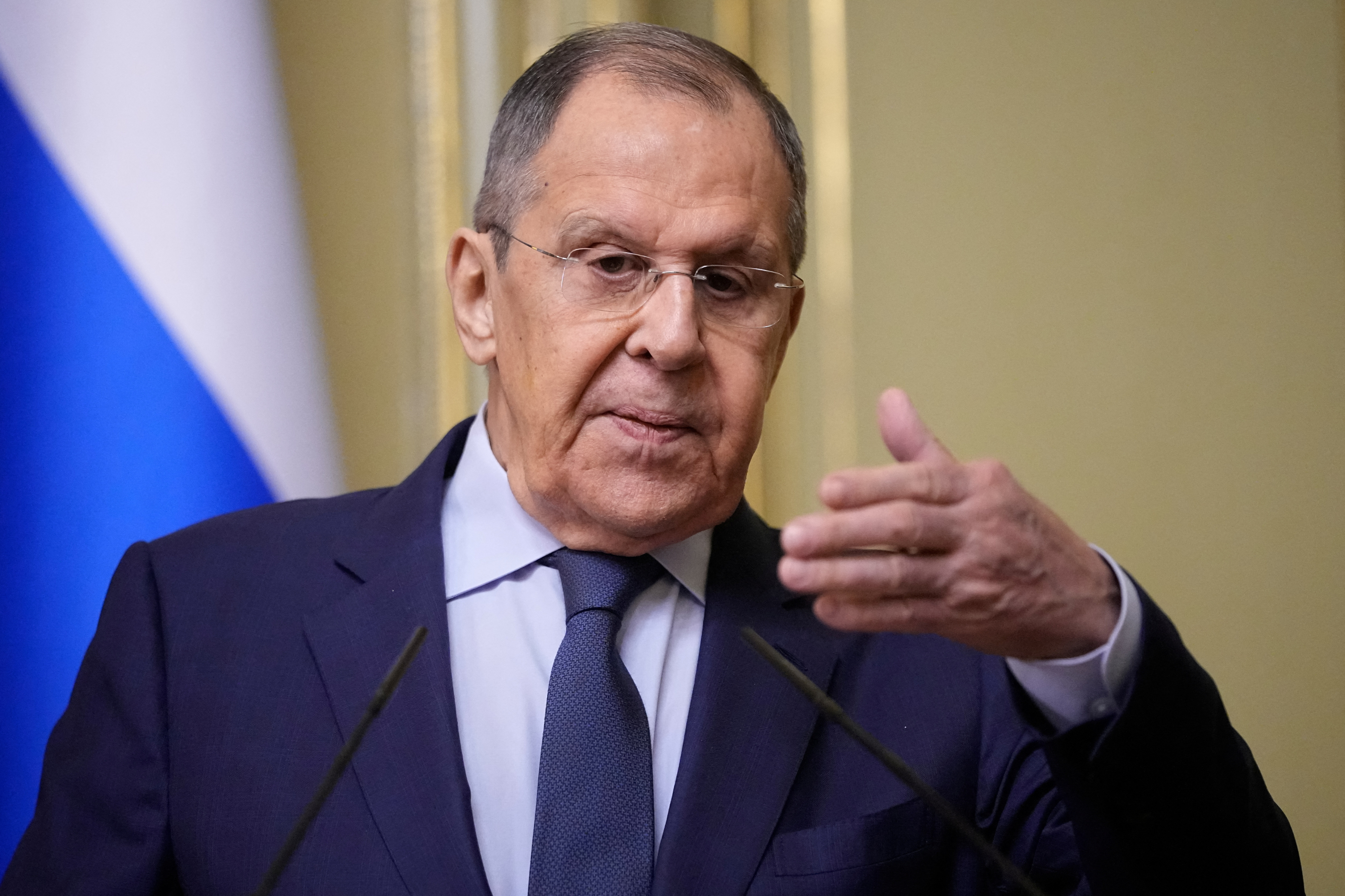 Russian Foreign Minister Sergei Lavrov speaks during a joint news conference with Zimbabwe's Minister of Foreign Affairs and International Trade Amon Murwira following their talks in Moscow, Russia, March 6, 2025. Pavel Bednyakov/Pool via REUTERS