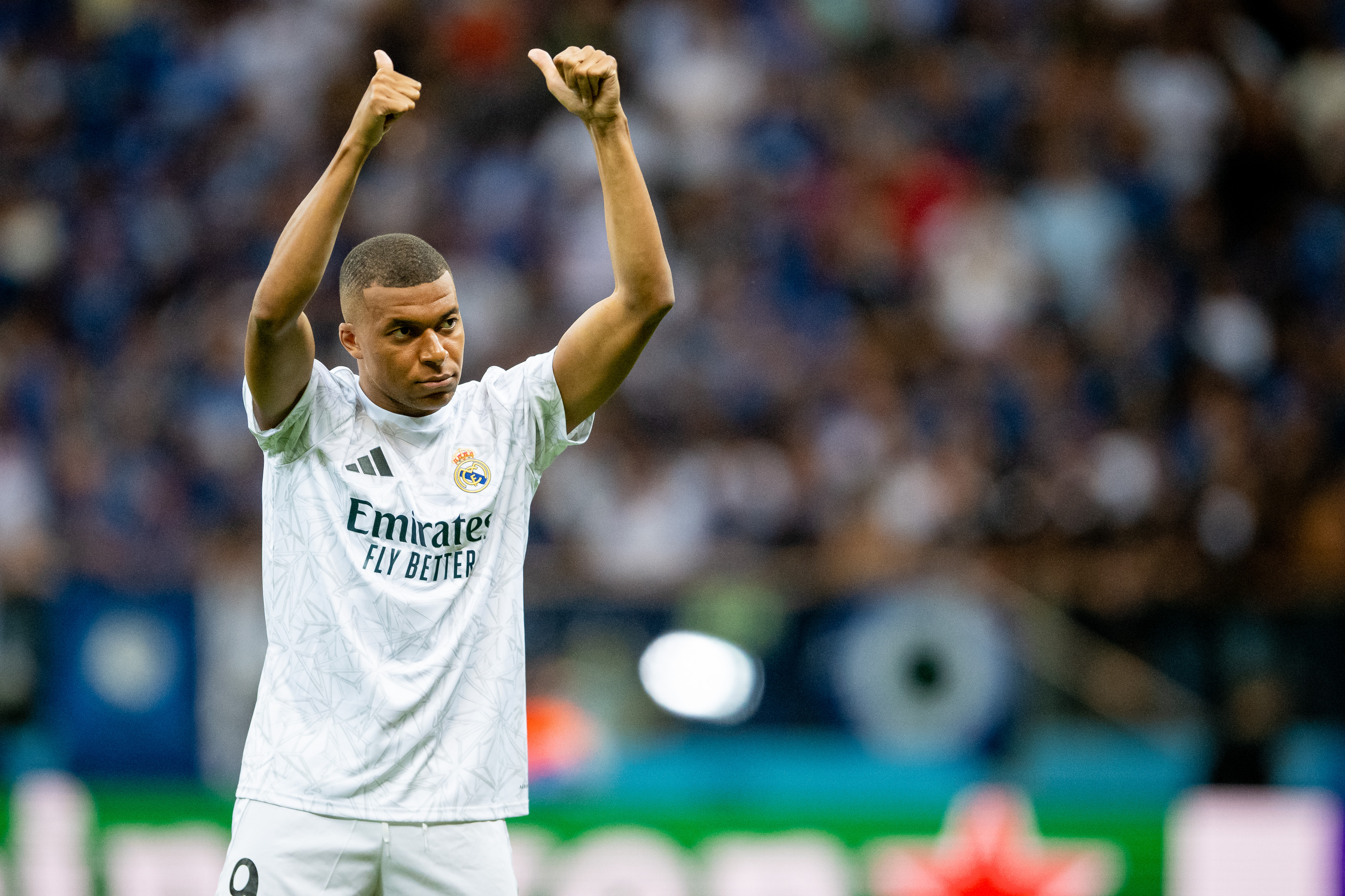 WARSAW, POLAND - AUGUST 14: Kylian Mbappe of Real Madrid warms up during the UEFA Super Cup 2024 match between Real Madrid and Atalanta BC at National Stadium on August 14, 2024 in Warsaw, Poland. (Photo by Mateusz Slodkowski/Getty Images)