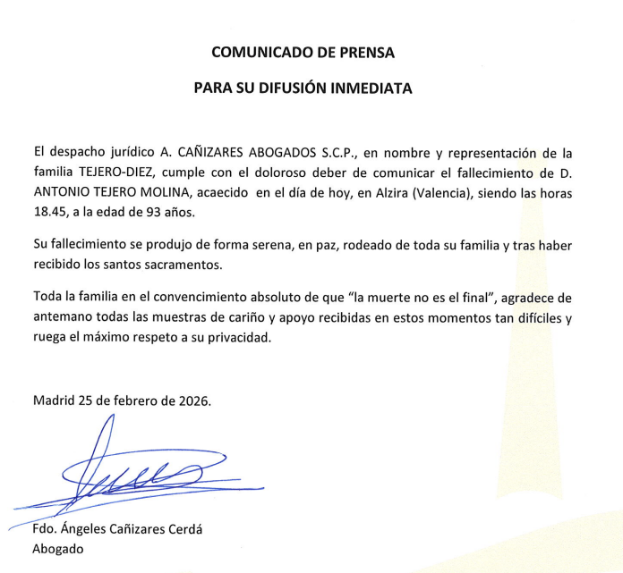Los abogados de Antonio Tejero comunican el fallecimiento del golpista