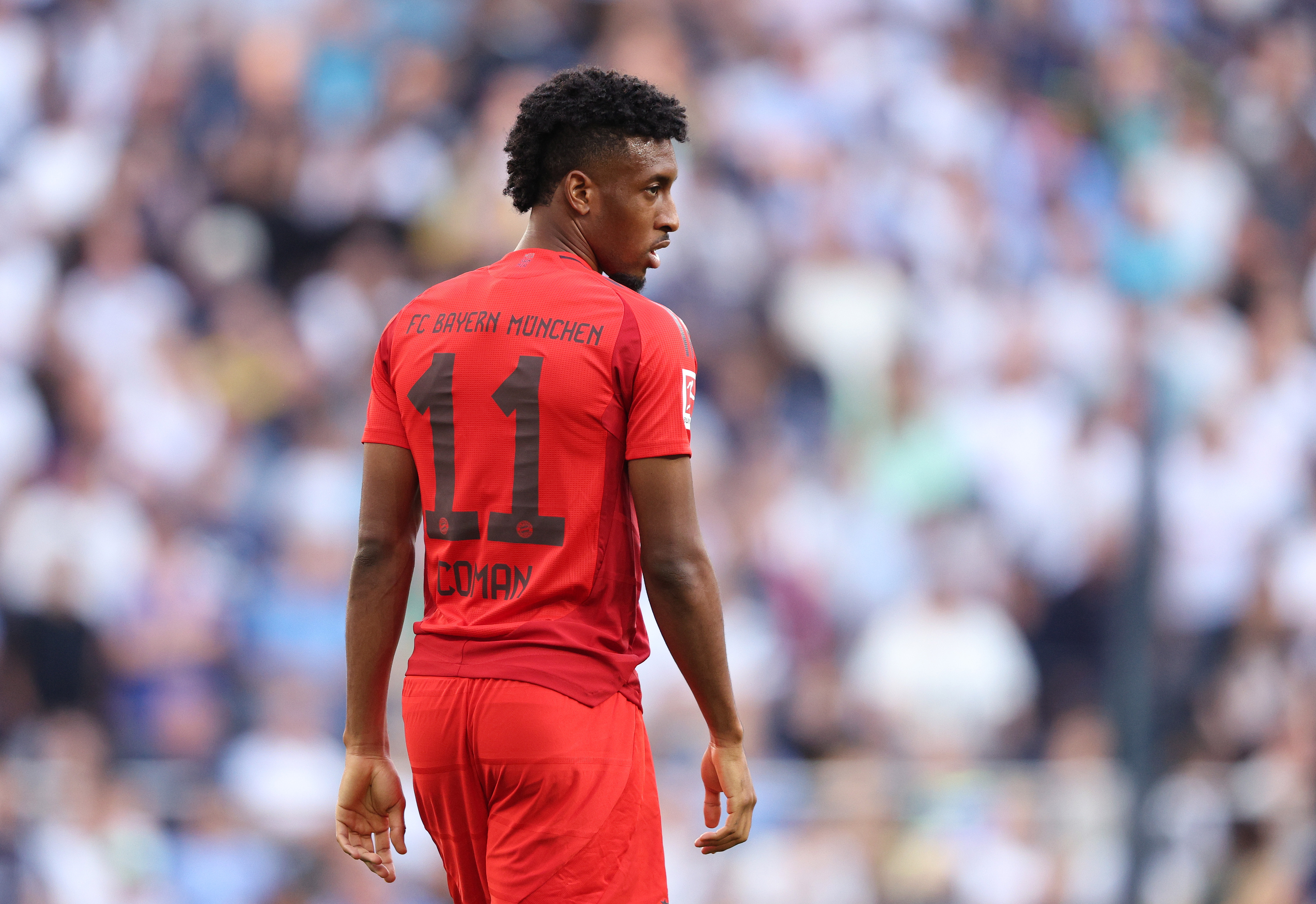 LONDON, ENGLAND - AUGUST 10:  Kingsley Coman of Bayern Munich controls the ball during the pre-season friendly match between Tottenham Hotspur and Bayern Munich at Tottenham Hotspur Stadium on August 10, 2024 in London, England. (Photo by Warren Little/Getty Images)