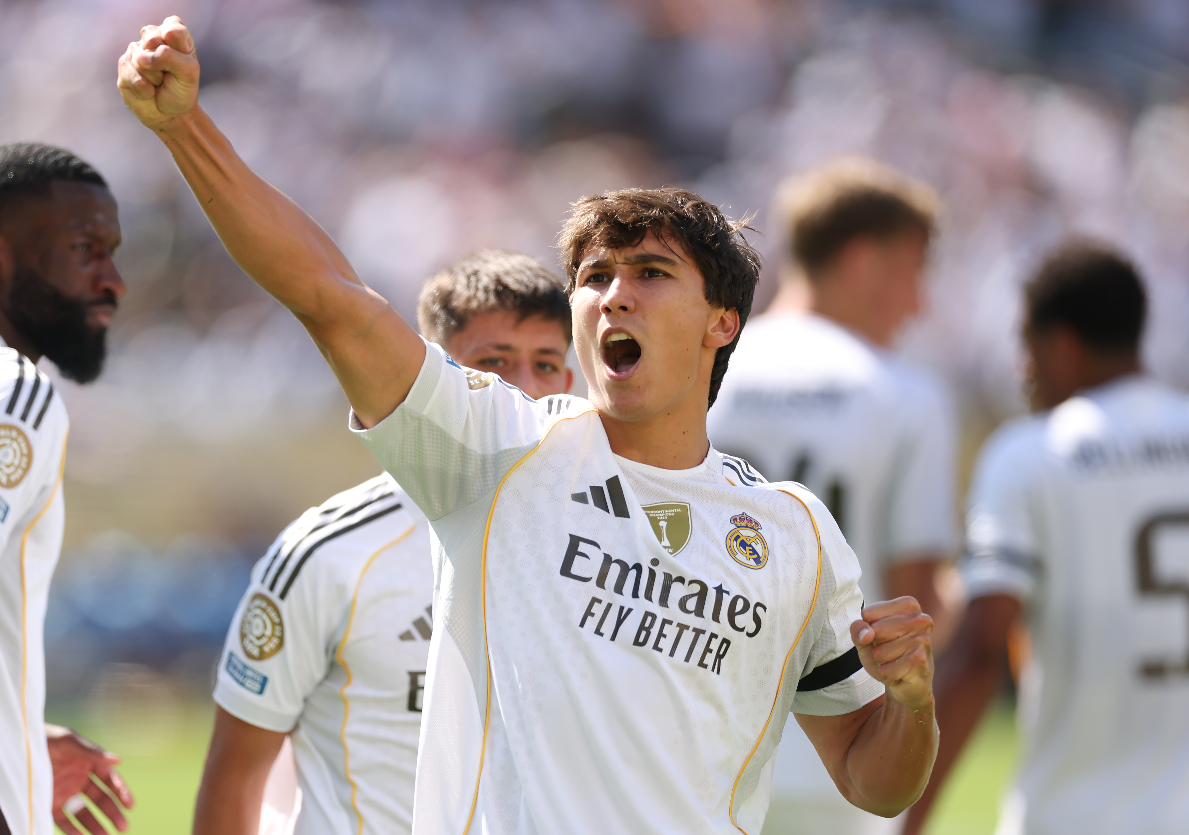 EAST RUTHERFORD, NEW JERSEY - JULY 05: Gonzalo Garcia #30 of Real Madrid C. F. celebrates scoring his team's first goal during the FIFA Club World Cup 2025 quarter-final match between Real Madrid CF and Borussia Dortmund at MetLife Stadium on July 05, 2025 in East Rutherford, New Jersey. (Photo by Elsa - FIFA/FIFA via Getty Images)