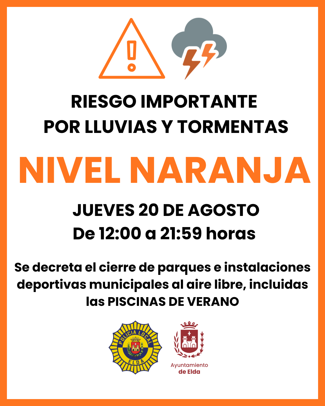 Imagen del aviso naranja en Elda para este jueves 20 de agosto