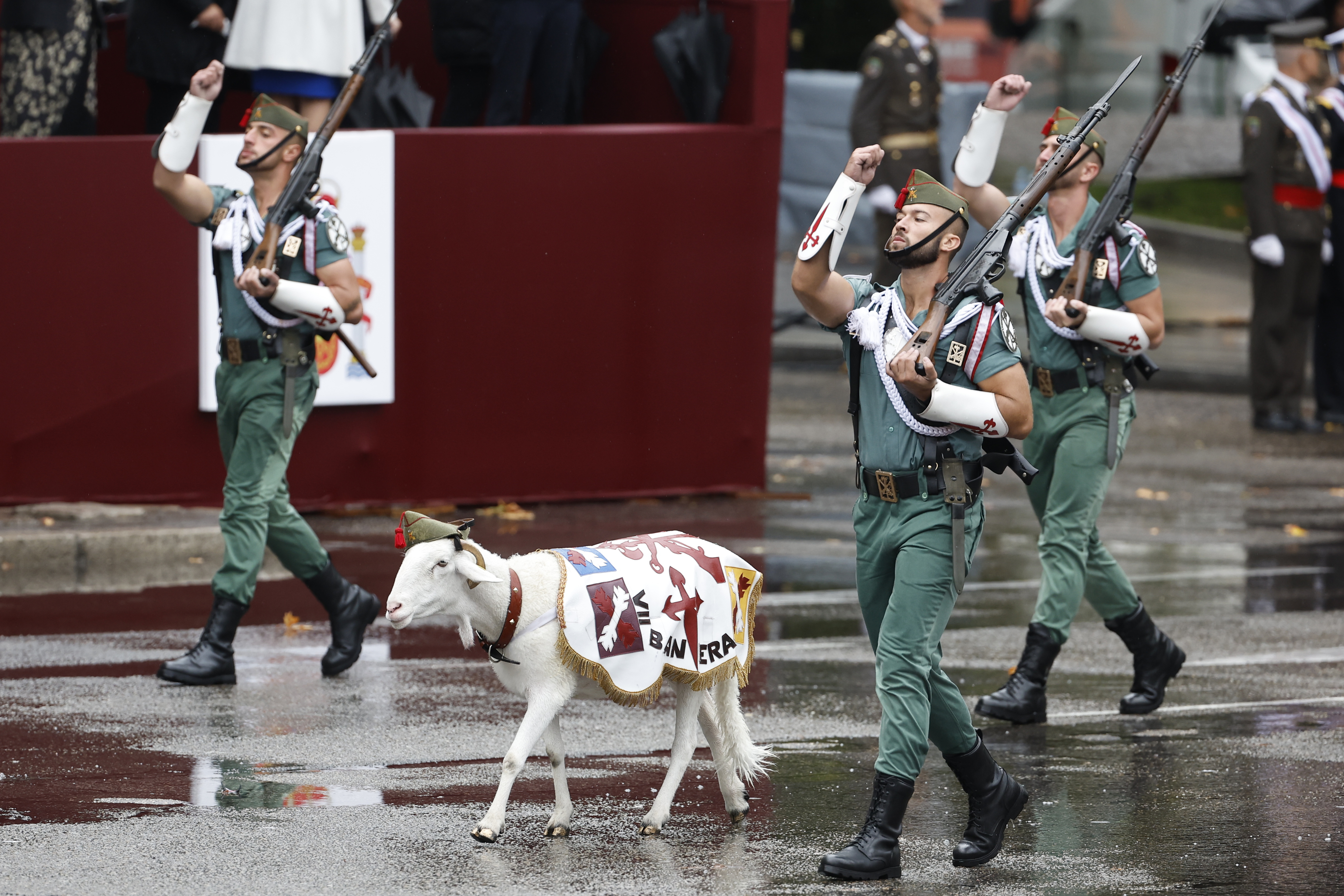 MADRID, 12/10/2024.- Unidades de La Legión con la cabra, durante el tradicional desfile del Día de la Fiesta Nacional por el Paseo del Prado de Madrid. EFE/Chema Moya
