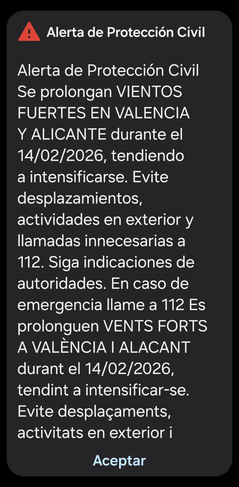 Imagen del mensaje ES-Alert enviado a las provincias de Valencia y Alicante.