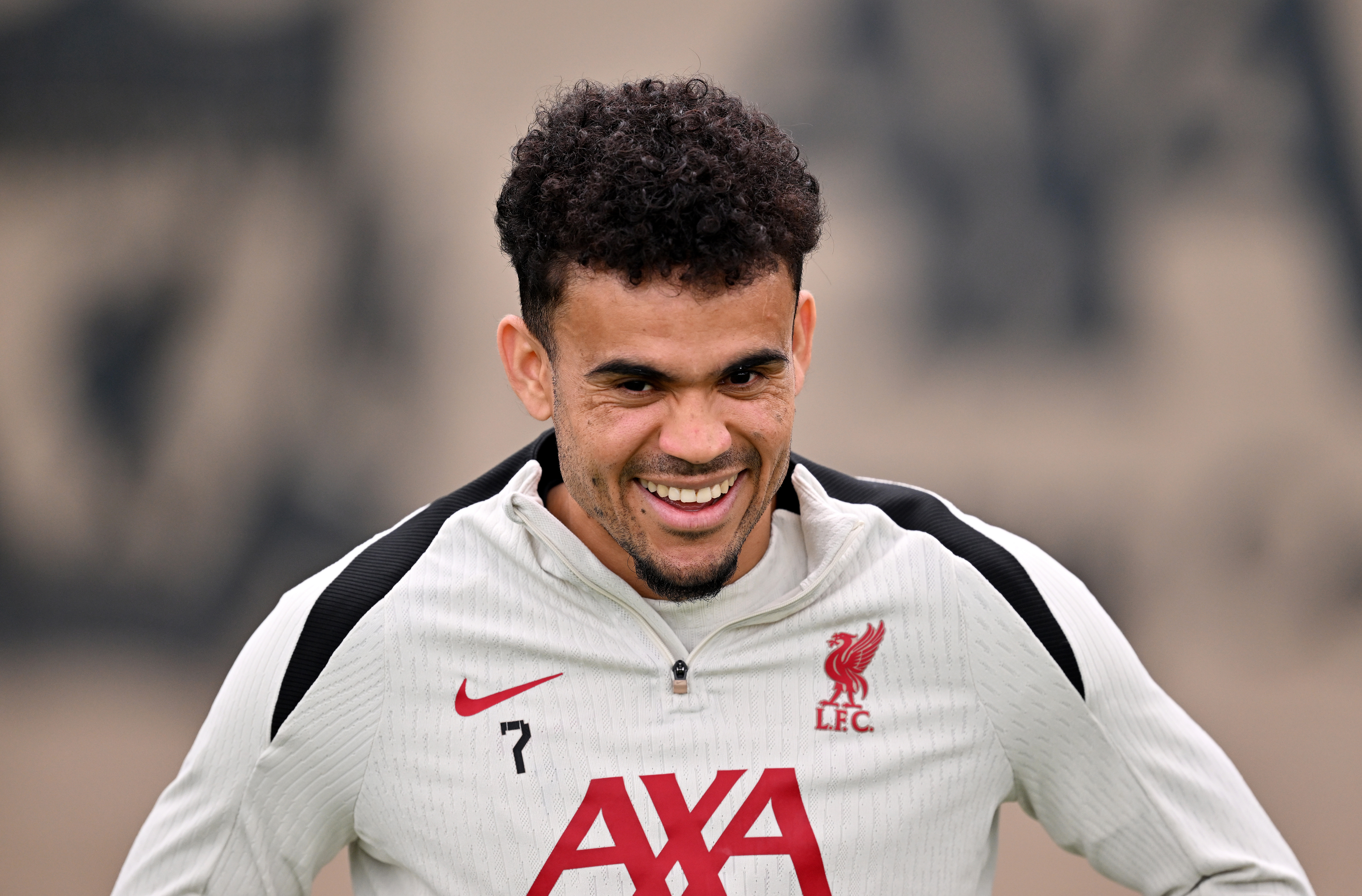 KIRKBY, ENGLAND - APRIL 23: (THE SUN OUT, THE SUN ON SUNDAY OUT) Luis Diaz of Liverpool during a training session at AXA Training Centre on April 23, 2025 in Kirkby, England. (Photo by Andrew Powell/Liverpool FC via Getty Images)